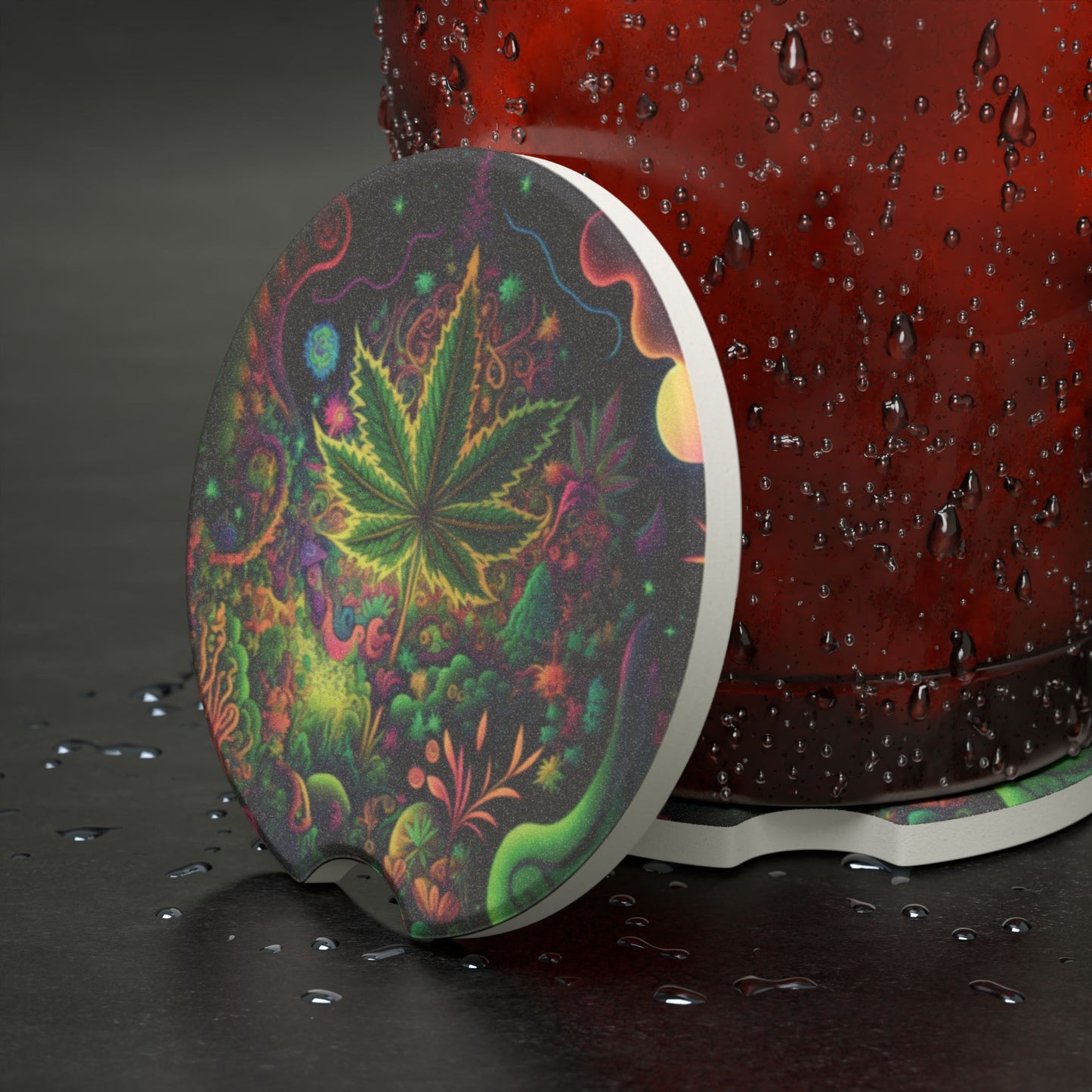 Psychedelic Cannabis Leaf Soapstone Car Coaster — Trippy Vehicle Drink Holder