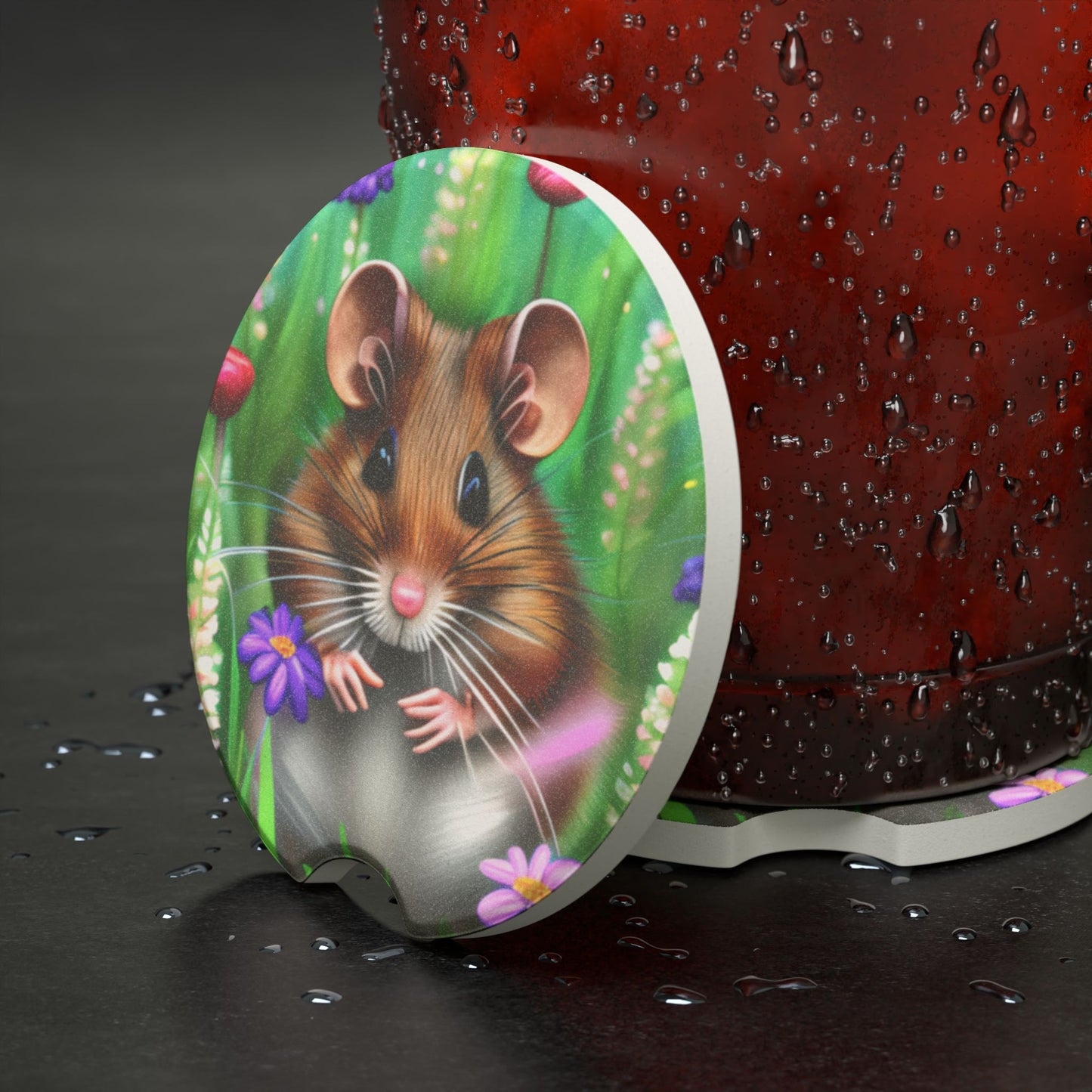 Cute Woodland Mouse Car Coaster — Soapstone Drink Coaster for Cupholder