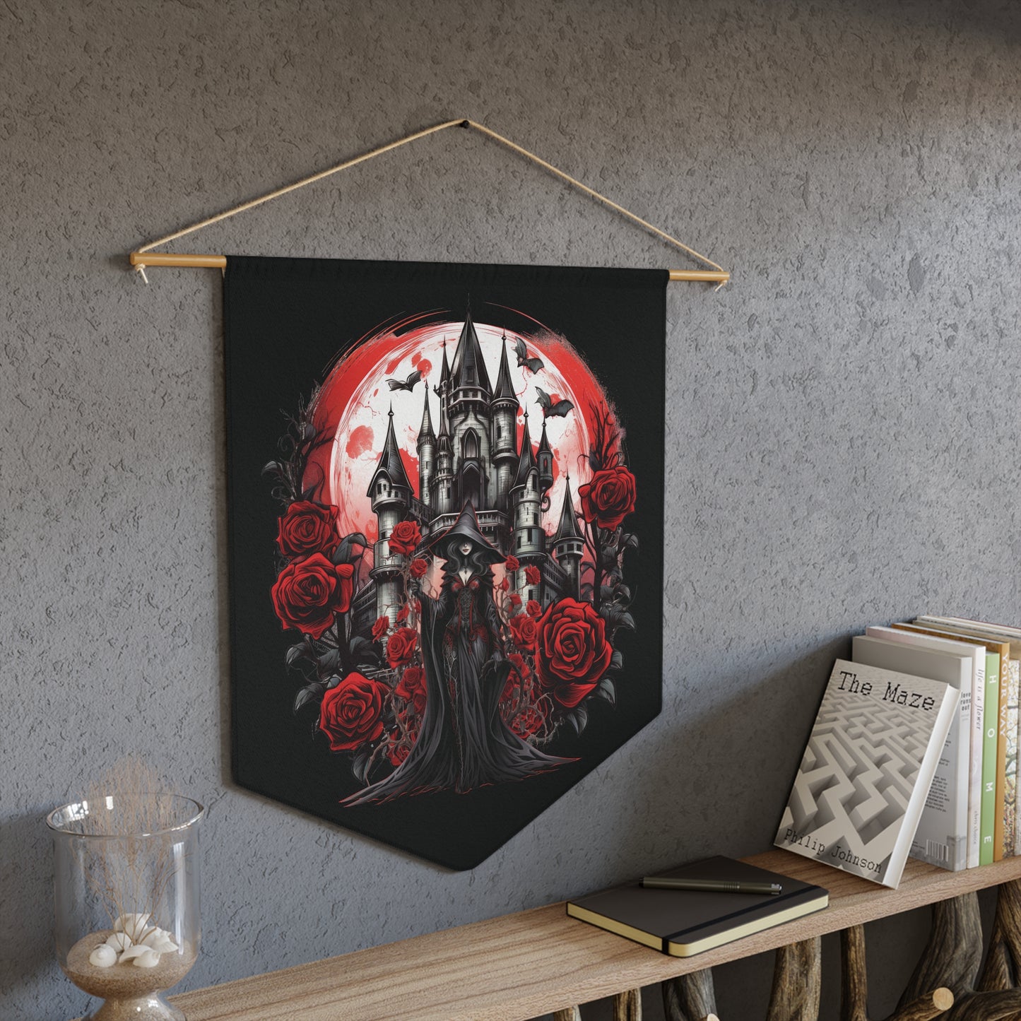 Gothic Castle Pennant — Dark Rose Wall Banner With Witchy Woman In Black