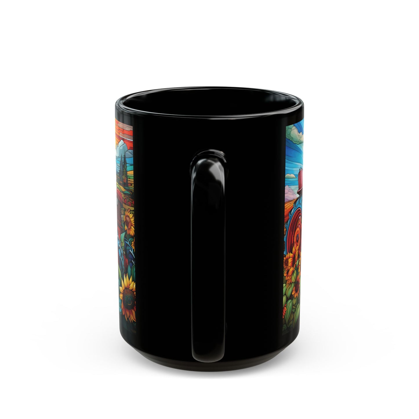 Sunflower Tractor Black Mug — Vintage Tractor Country Coffee Cup (15 oz)