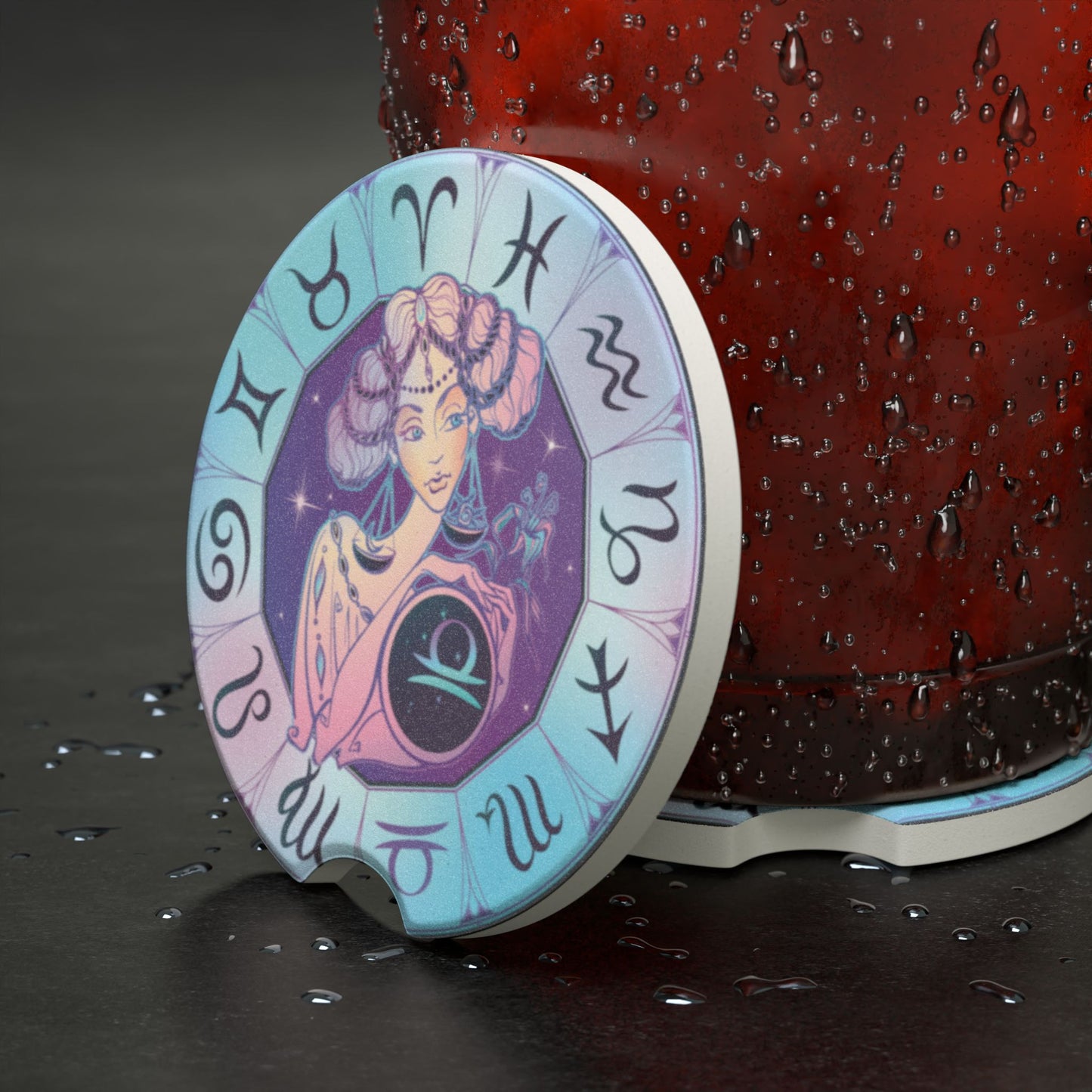 Zodiac Libra Soapstone Car Coaster — Astrological Celestial Cup Holder Protector