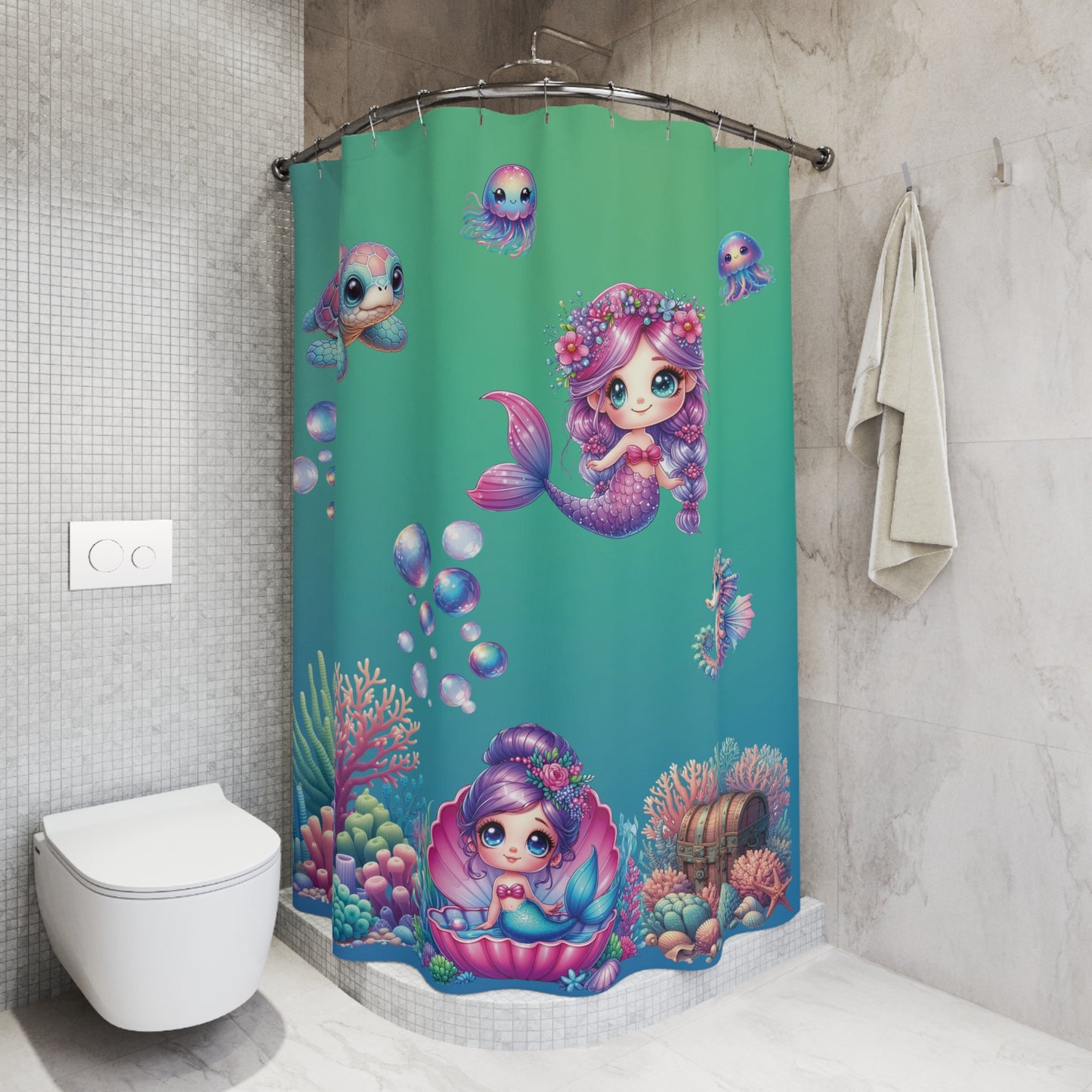 Cute Mermaid & Sea Friends Shower Curtain — Kids Ocean Bath Decor