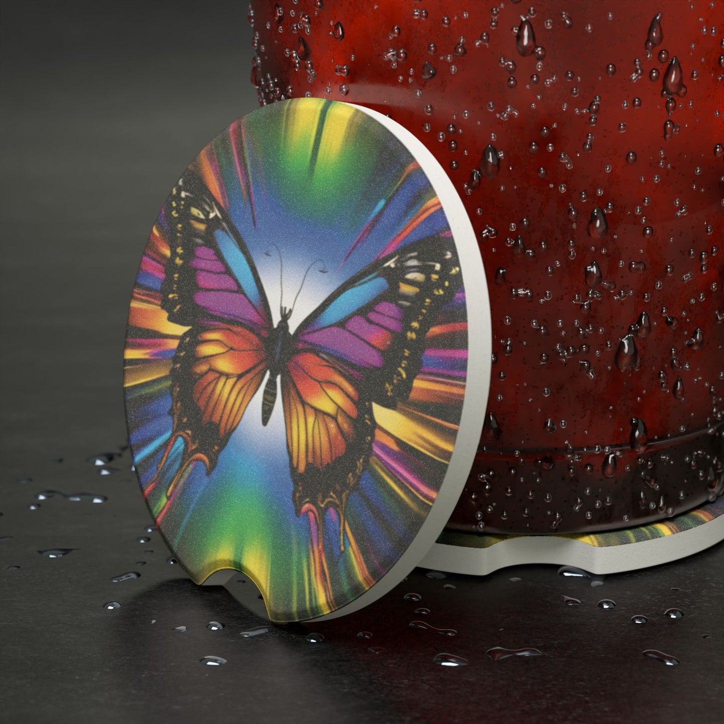 Butterfly Prism Soapstone Car Coaster — Colorful Mandala Auto Cup Holder Protector