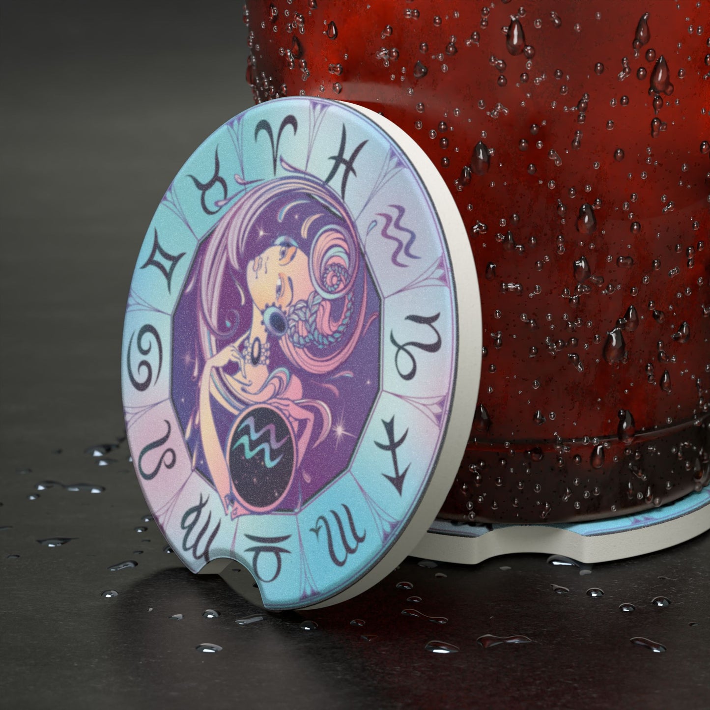 Astrology Zodiac Aquarius Soapstone Car Coaster — Aquarius Design