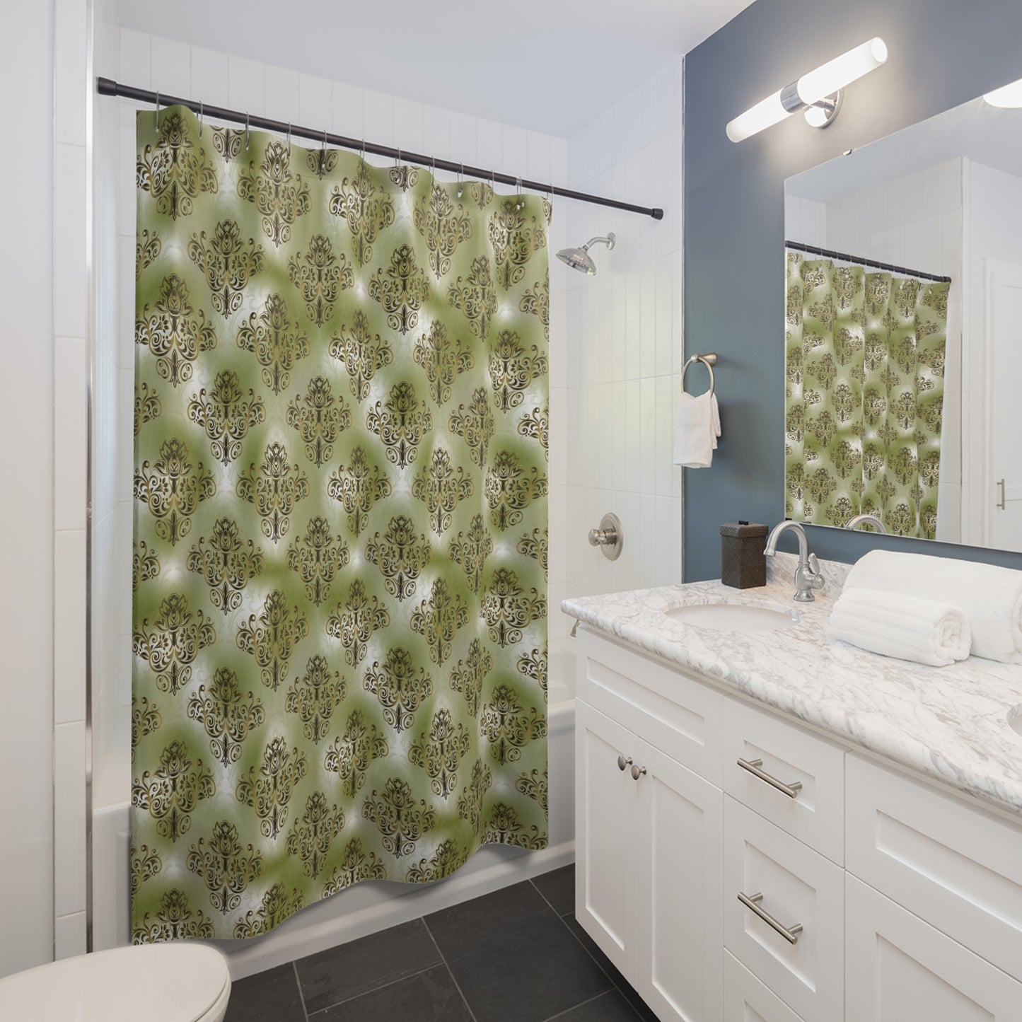 Damask Print Shower Curtain Green and Gold