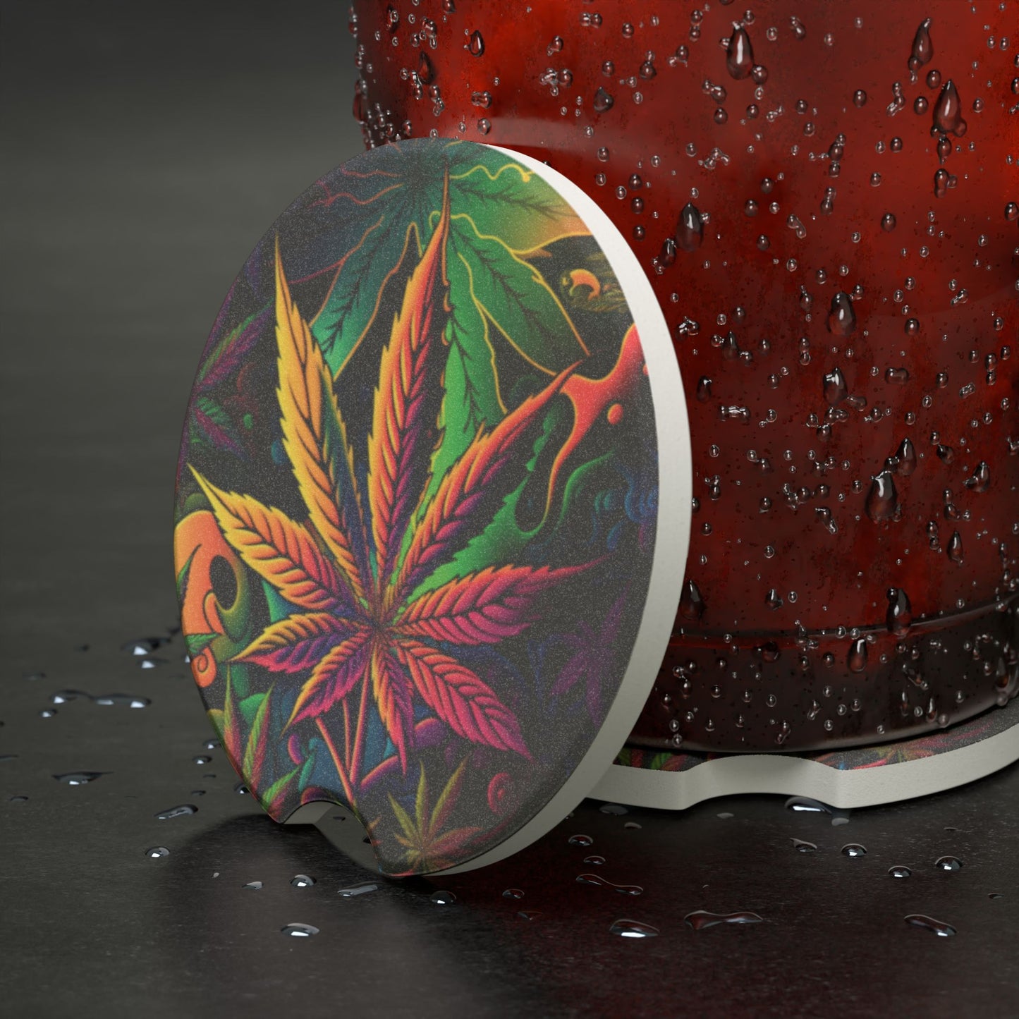 Psychedelic Cannabis Leaf Soapstone Car Coaster — Colorful Marijuana Travel Mug Insert