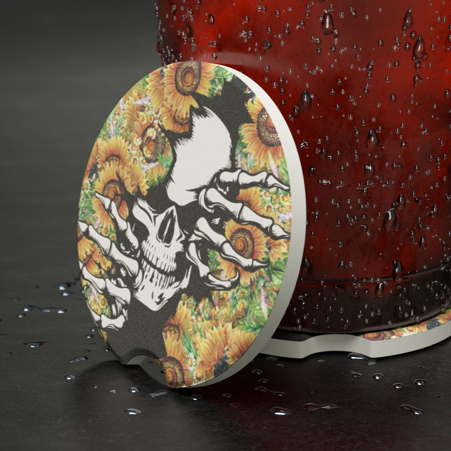 Skull & Sunflowers Soapstone Car Coaster