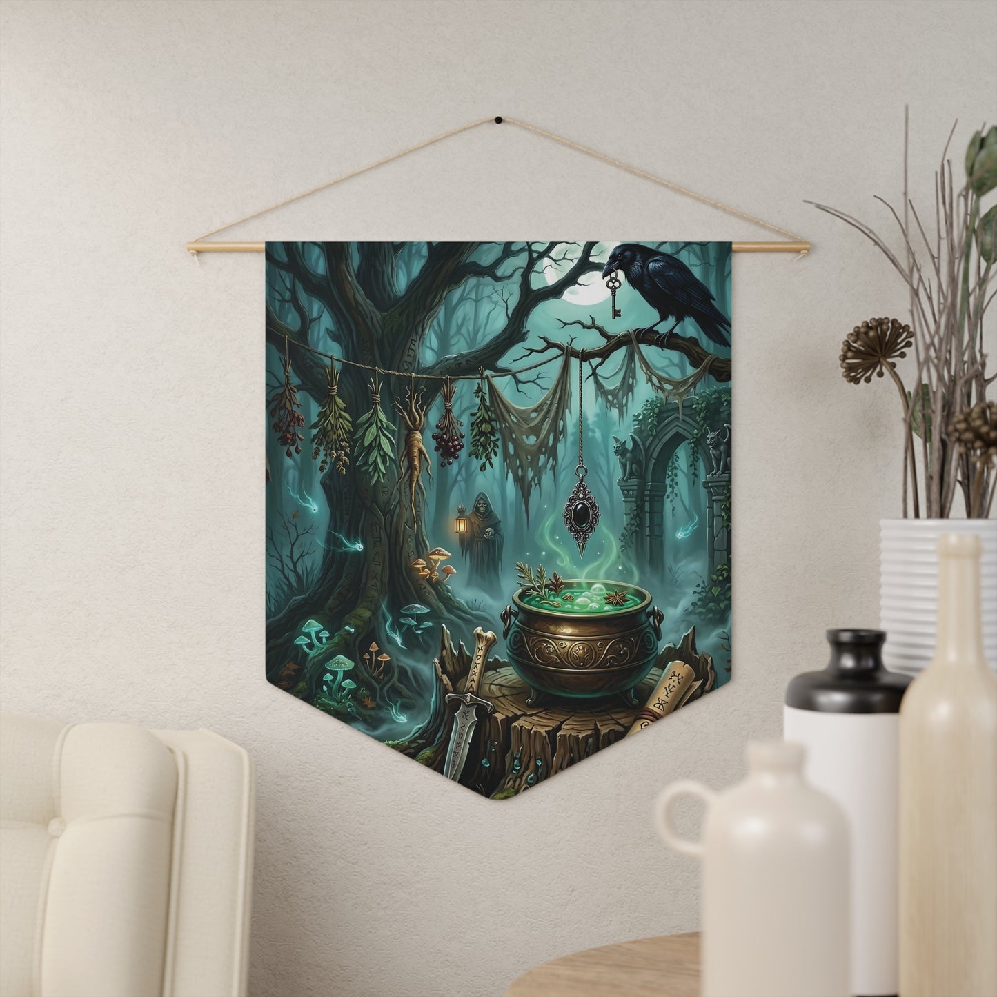 Witch’s Forest Pennant — Enchanted Cauldron & Raven Wall Banner