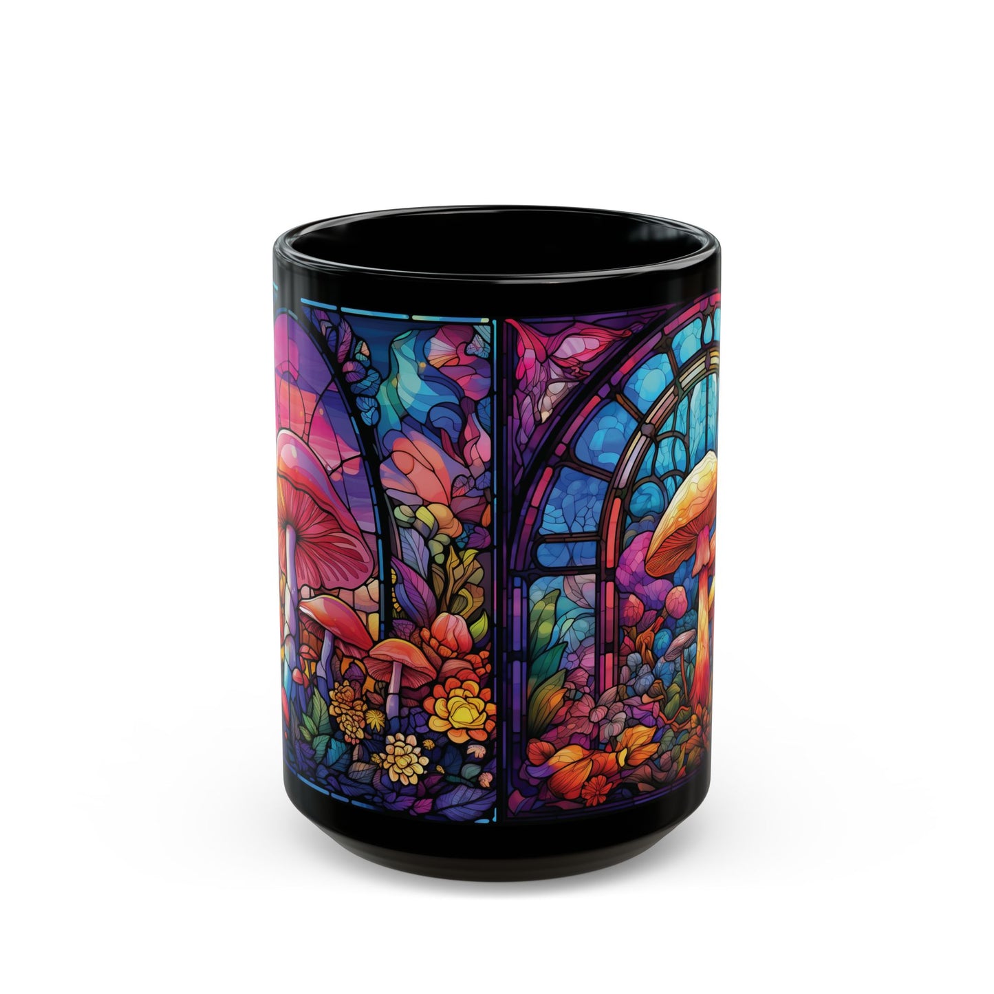 Stained Glass Mushroom Black Mug – Psychedelic Fungi Coffee Cup (15oz)