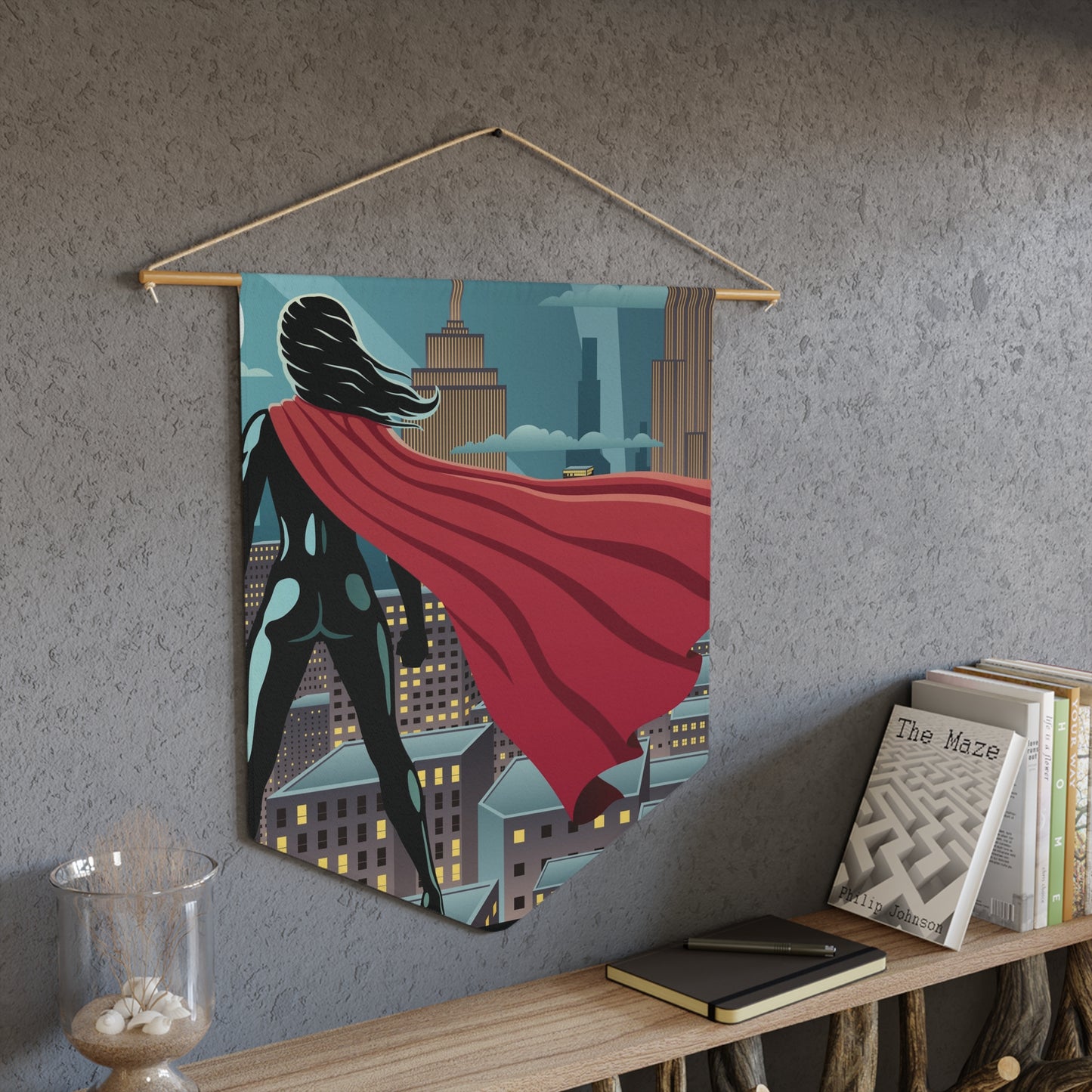 Female Superhero Cityscape Pennant — Red Cape Wall Banner for Kids' Room & Nerdy Decor
