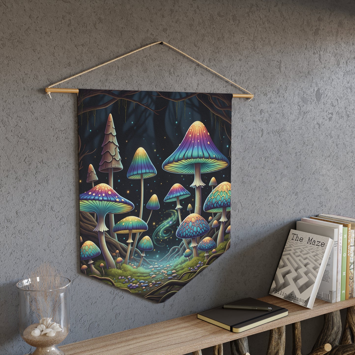Magical Mushroom Forest Pennant – Psychedelic Rainbow Fungi Wall Banner