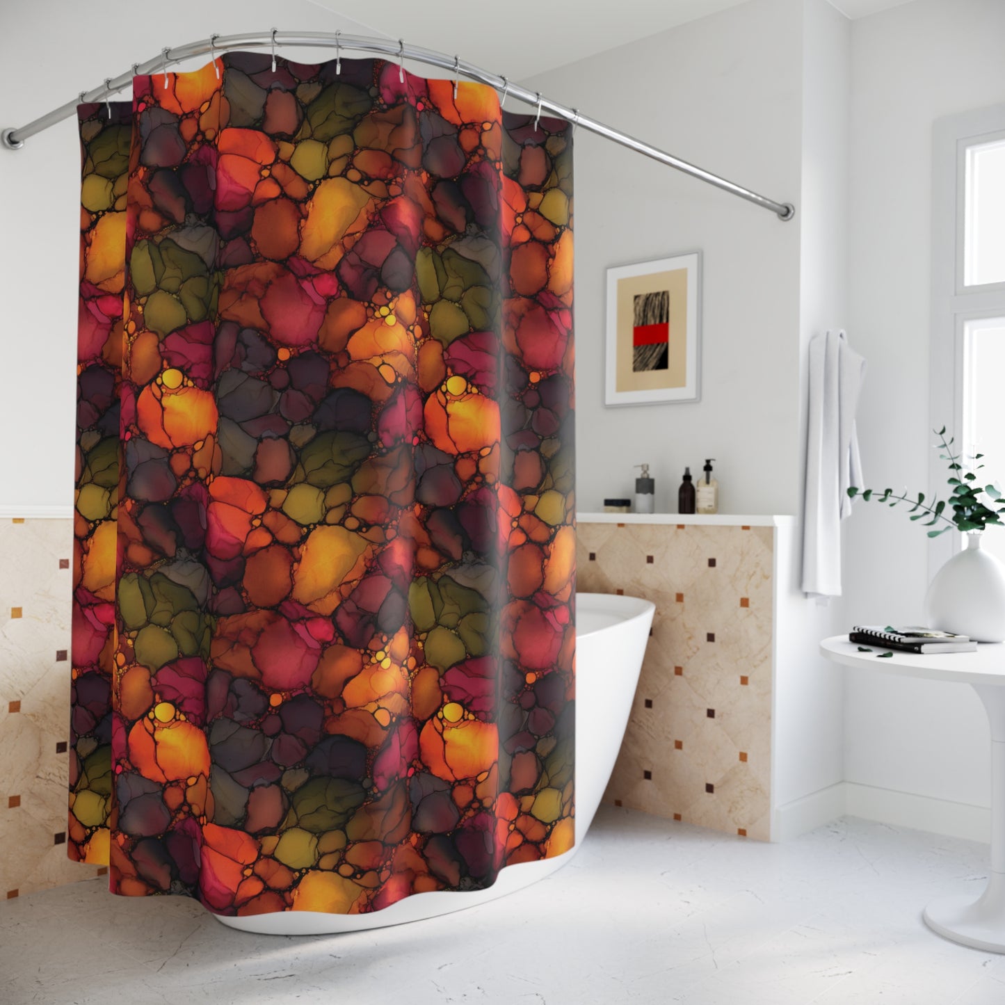 Alcohol Ink Print Shower Curtain — Bold Autumn Colors Bathroom Decor