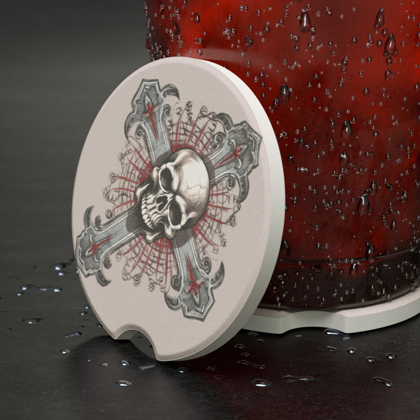 Skull & Cross Soapstone Car Coaster — Gothic Skull Drink Holder Protector