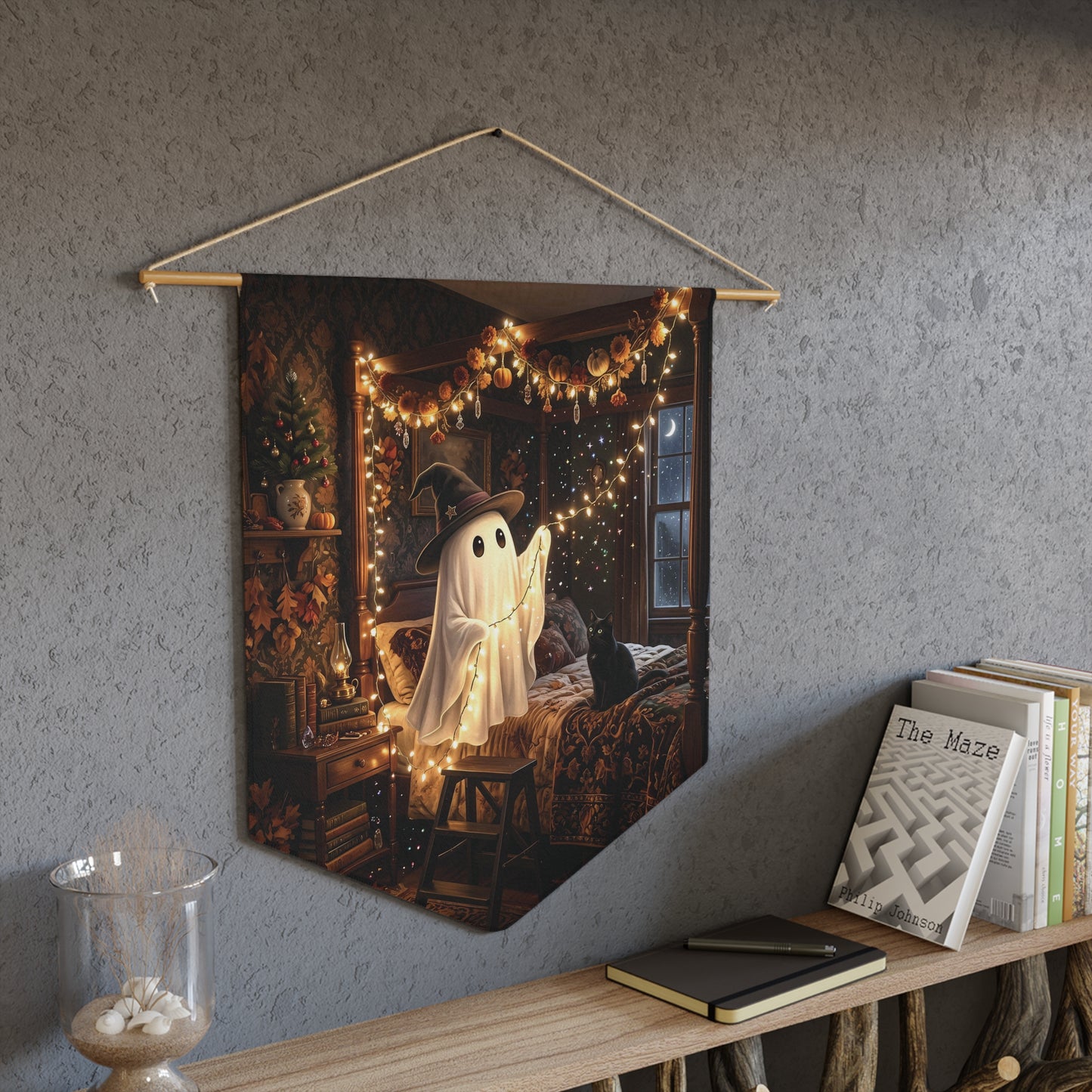 Cozy Halloween Ghost Pennant — Cute Spooky Room Banner with Fairy Lights