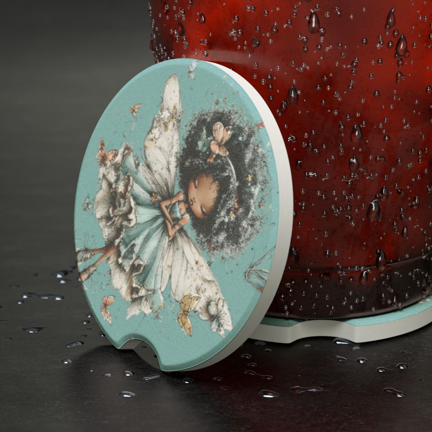 Fairy Girl Soapstone Car Coaster — Cute Black Fairy Illustration Car Cup Holder Mat