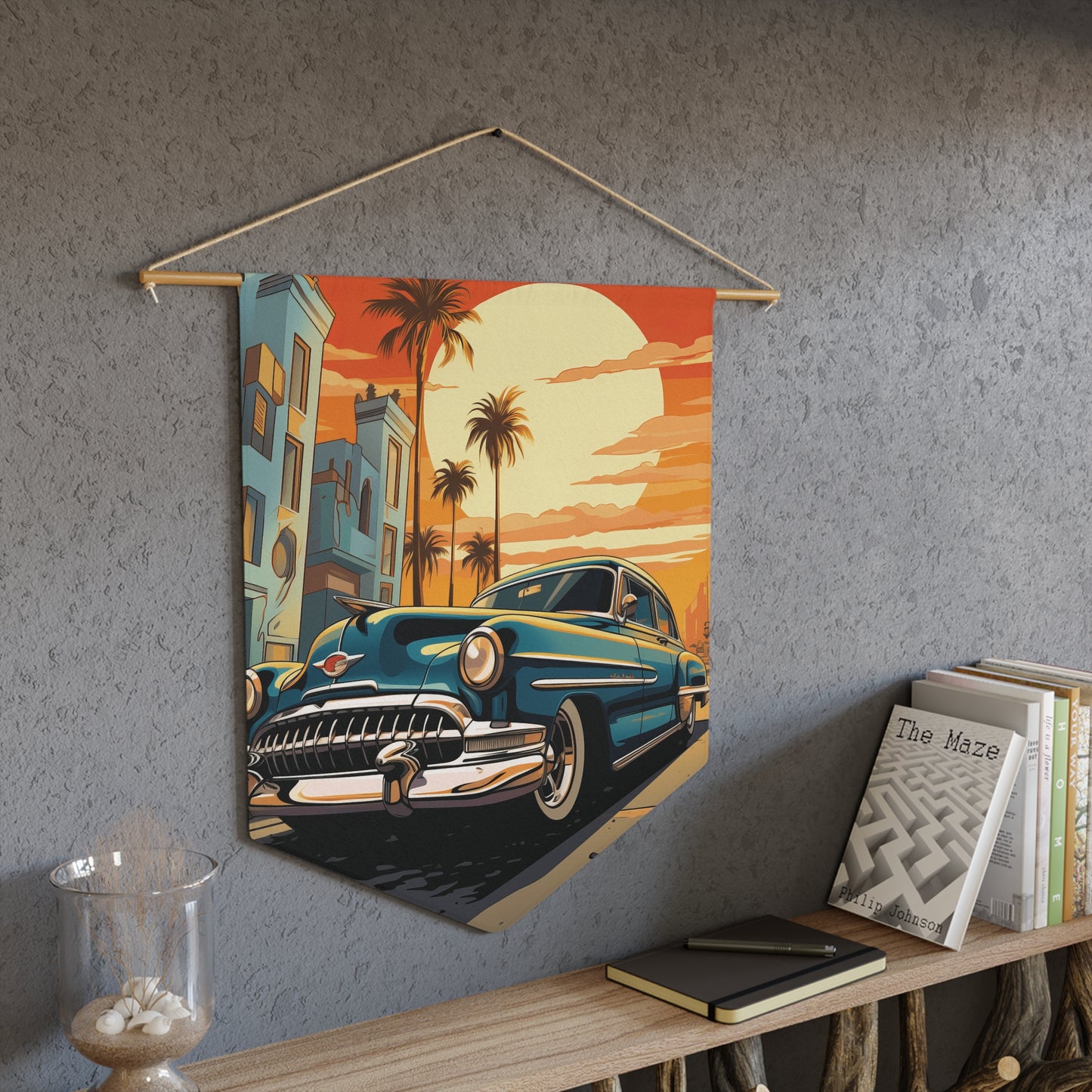 Vintage Sunset Classic Car Pennant — Retro Palm Beach Roadtrip Wall Banner
