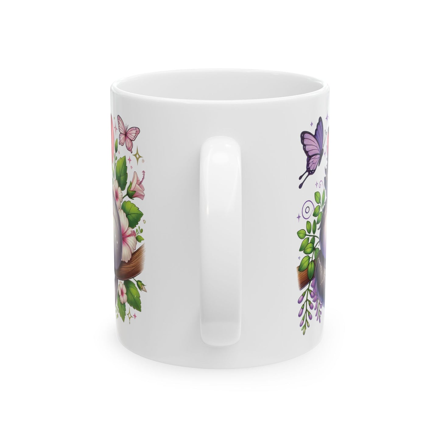 Floral Kitty And Chinchilla Ceramic Mug (11oz) — Spring Blooms And Sleepy Animals Coffee Cup