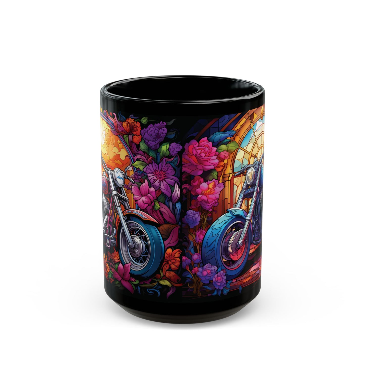 Motorcycle Stained Glass Black Mug — Colorful Cruiser Bike Coffee Cup (15oz)