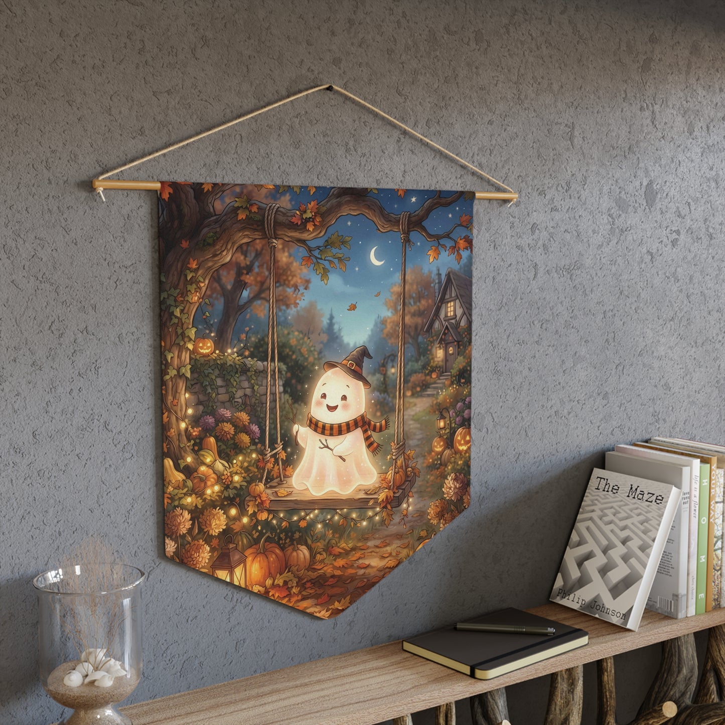 Autumn Night Ghost Pennant — Cute Halloween Fall Wall Banner