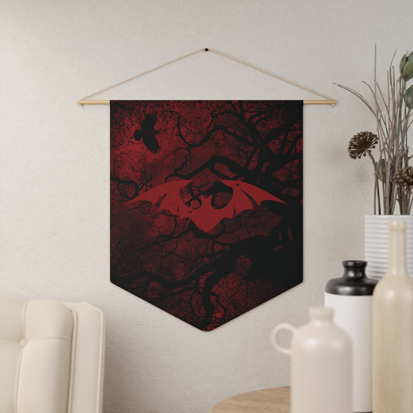 Gothic Bat Pennant Banner — Dark Red Forest Raven Wall Decor