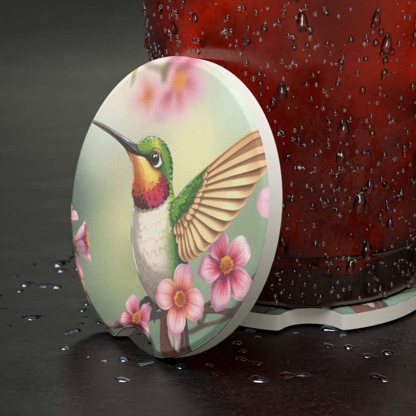 Hummingbird Blossom Soapstone Car Coaster — Floral Bird Cup Holder Protector