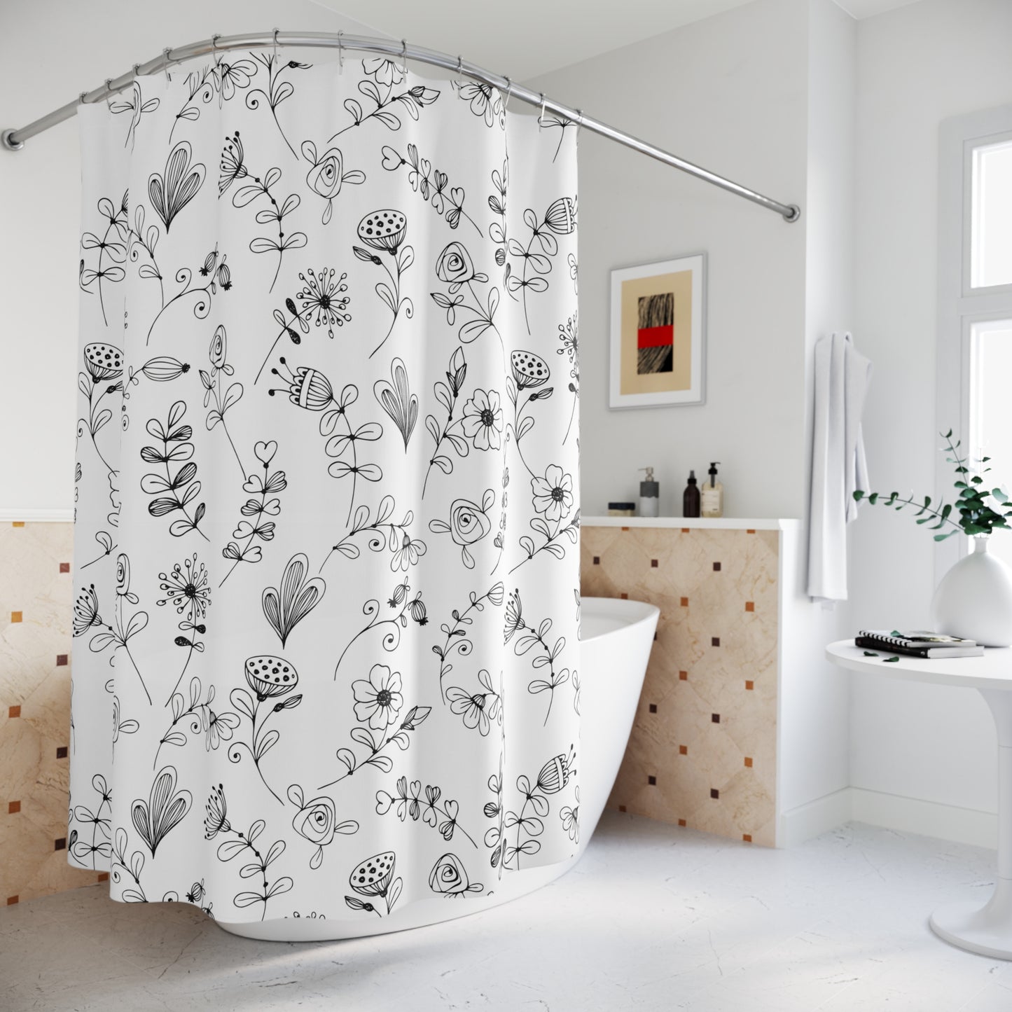Black & White Doodle Floral Shower Curtain — Doodle Flowers Boho Bathroom Décor