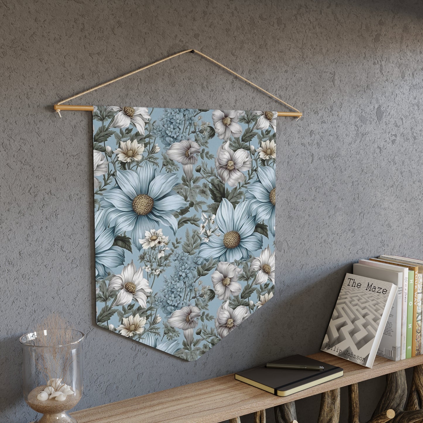 Blue Floral Pennant Banner — Vintage Blue Daisy Wall Hanging