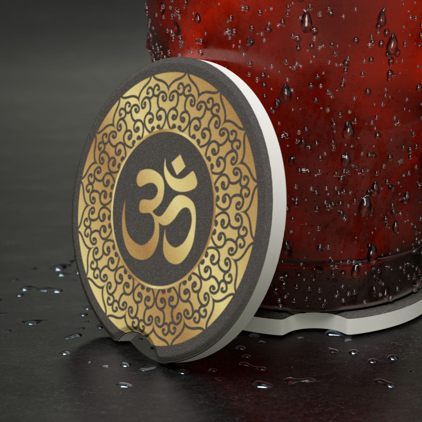 Om Symbol Soapstone Car Coaster — Gold Mandala Cup Holder Insert