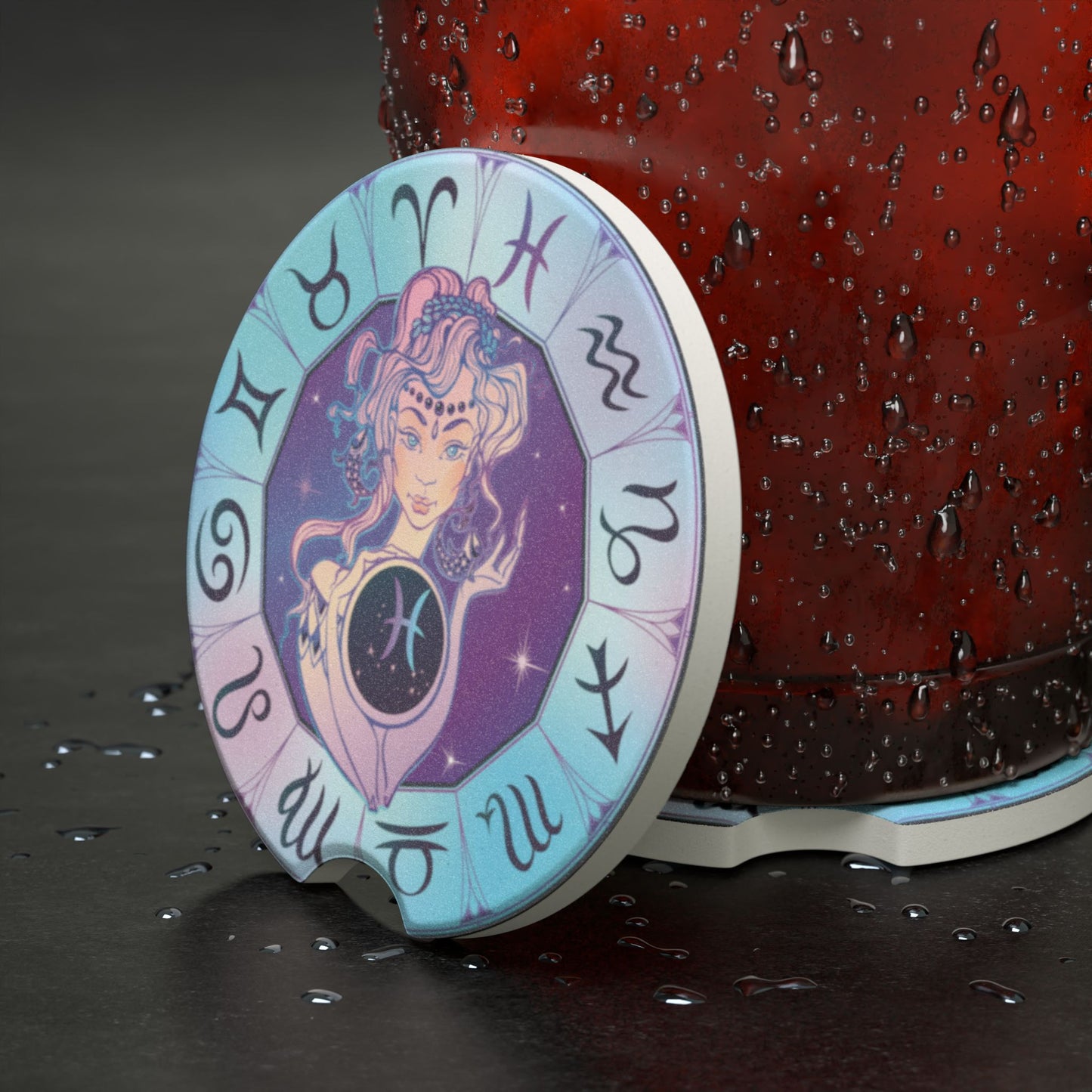 Pisces Zodiac Car Coaster — Astrological Soapstone Drink Holder