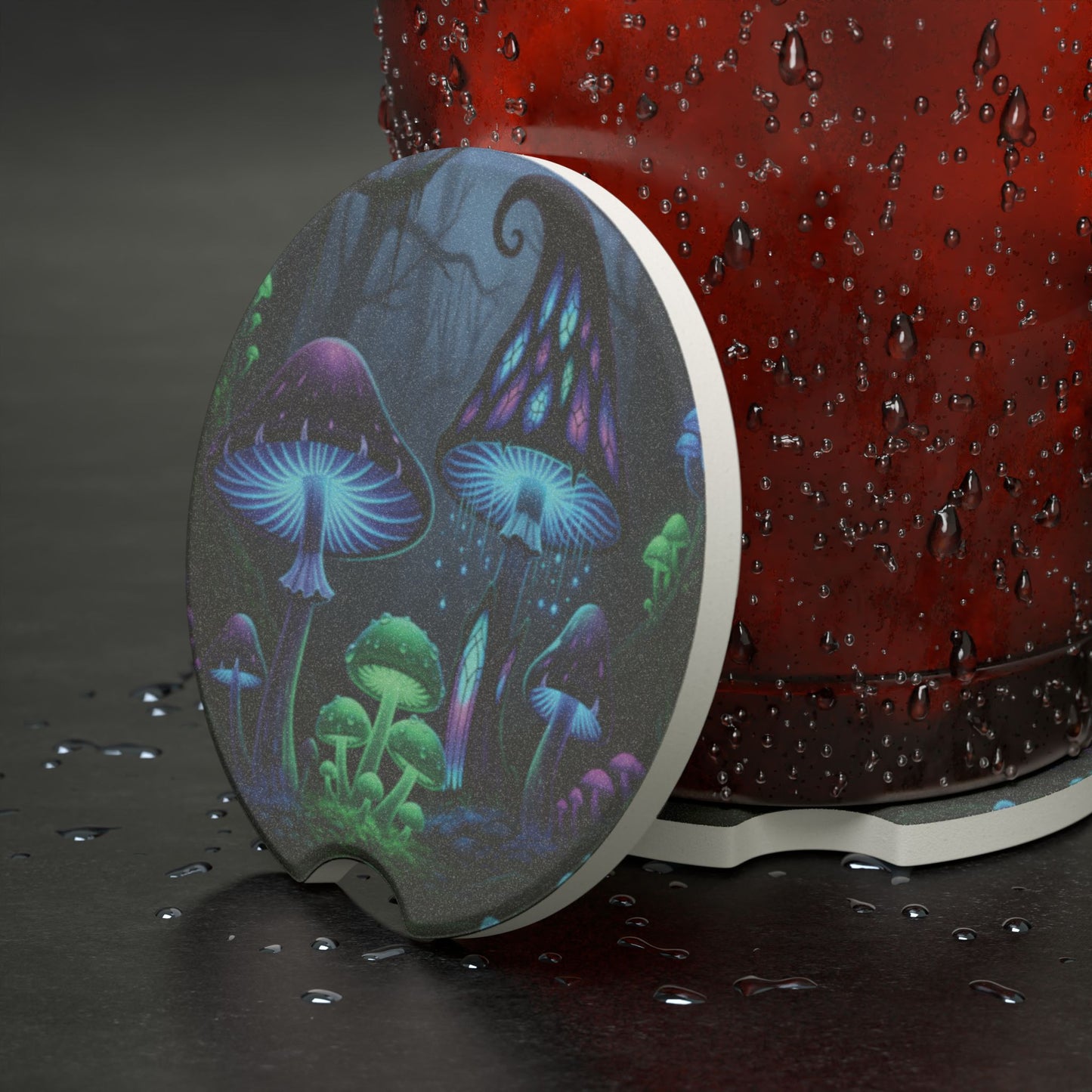 Mystical Glowing Mushrooms Soapstone Car Coaster — UV Neon Fungi Design