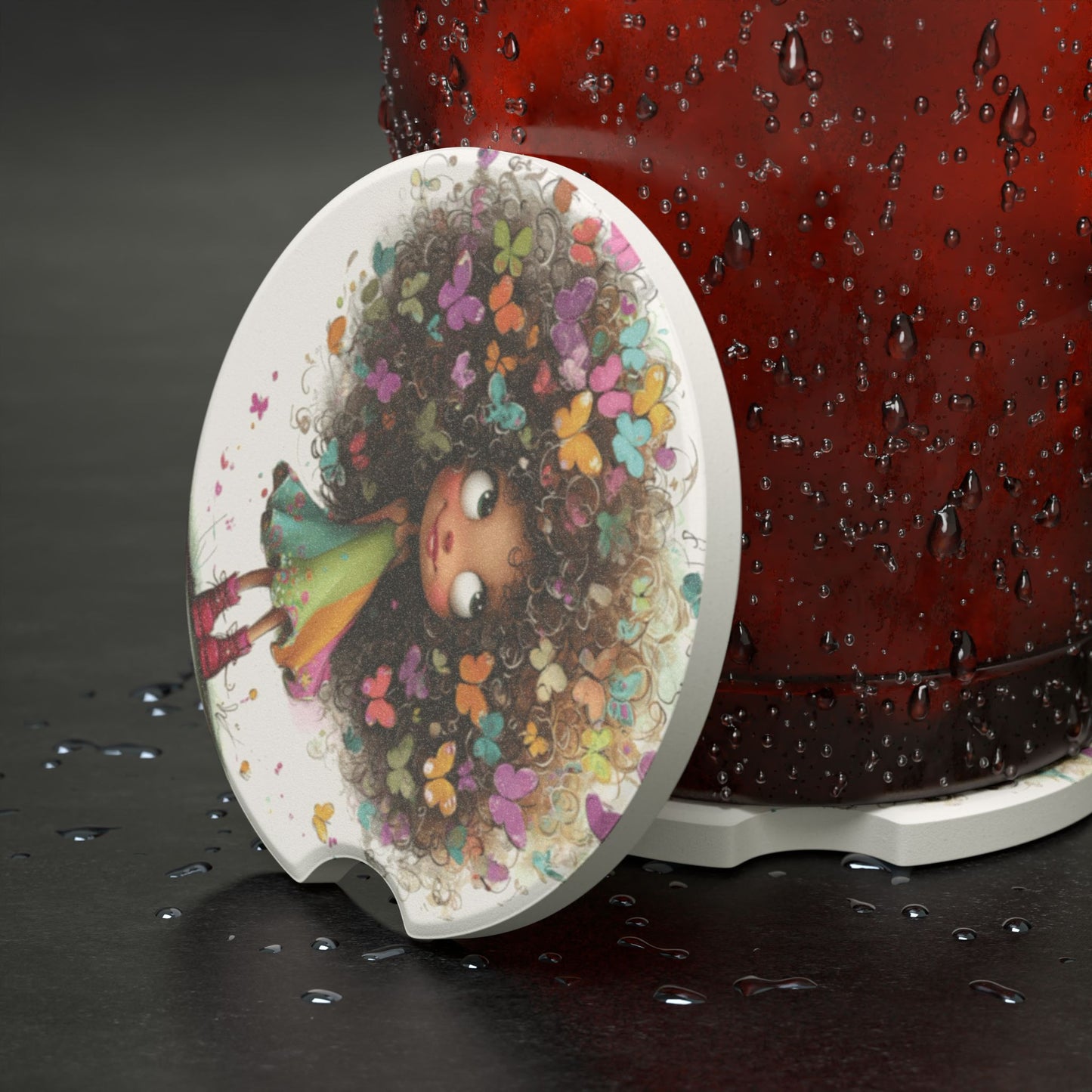 Car Coaster — Whimsical Girl with Butterfly Hair Soapstone Car Cup Holder Coaster