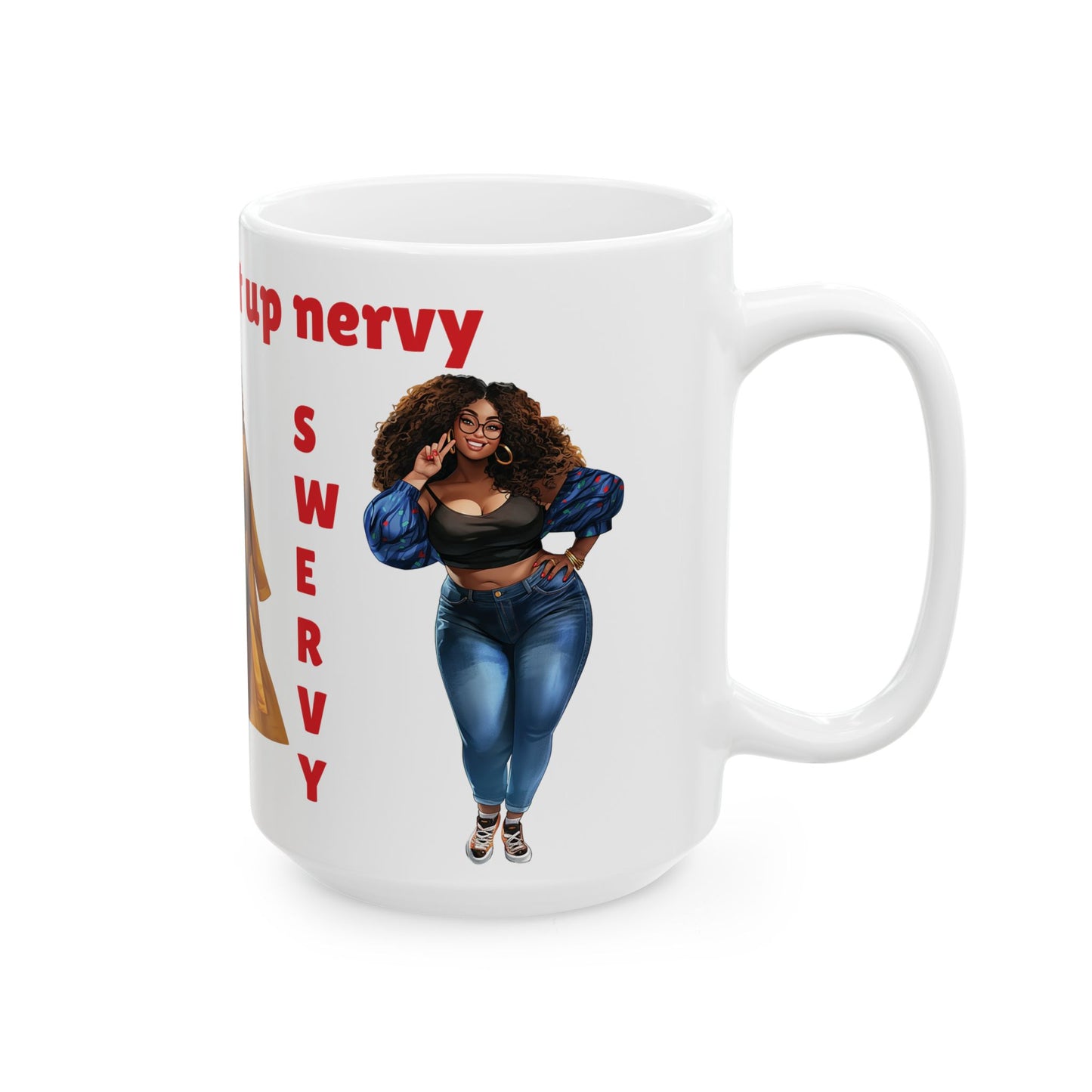 Curvy & Swervy Ceramic Mug — Confident Black Woman Illustration, "Curvy Swervy" Gift (15oz)