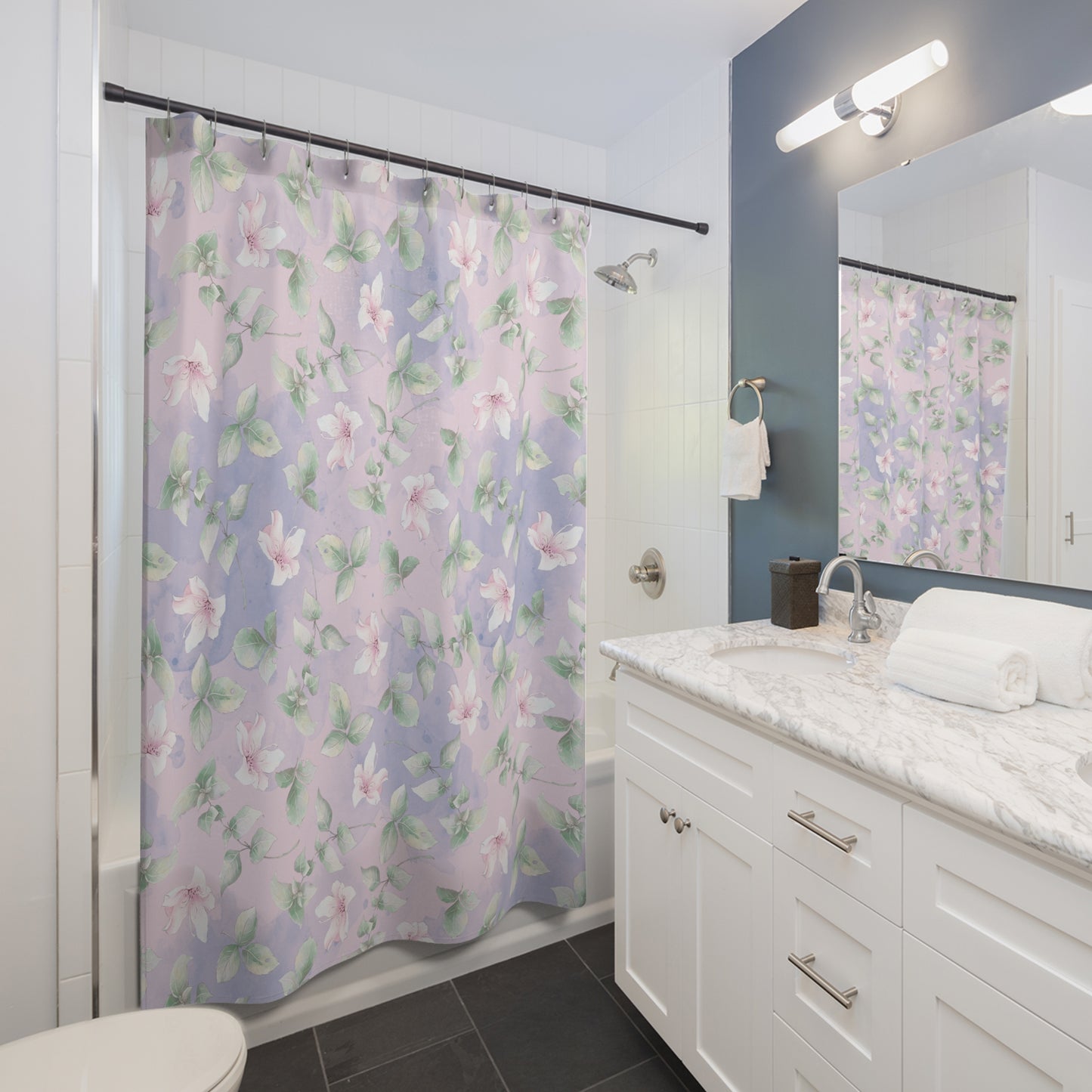 Floral Watercolor Shower Curtain — Pastel Pink & Lavender Magnolia Pattern