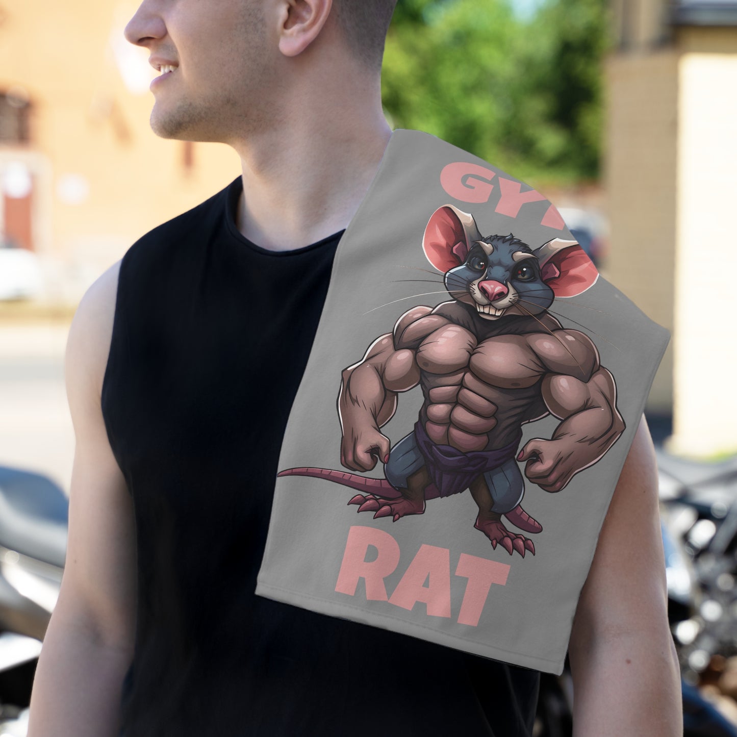 Gym Rat Workout Towel — 11x18 Motivational Workout Gym Towel with Muscular Rat Design