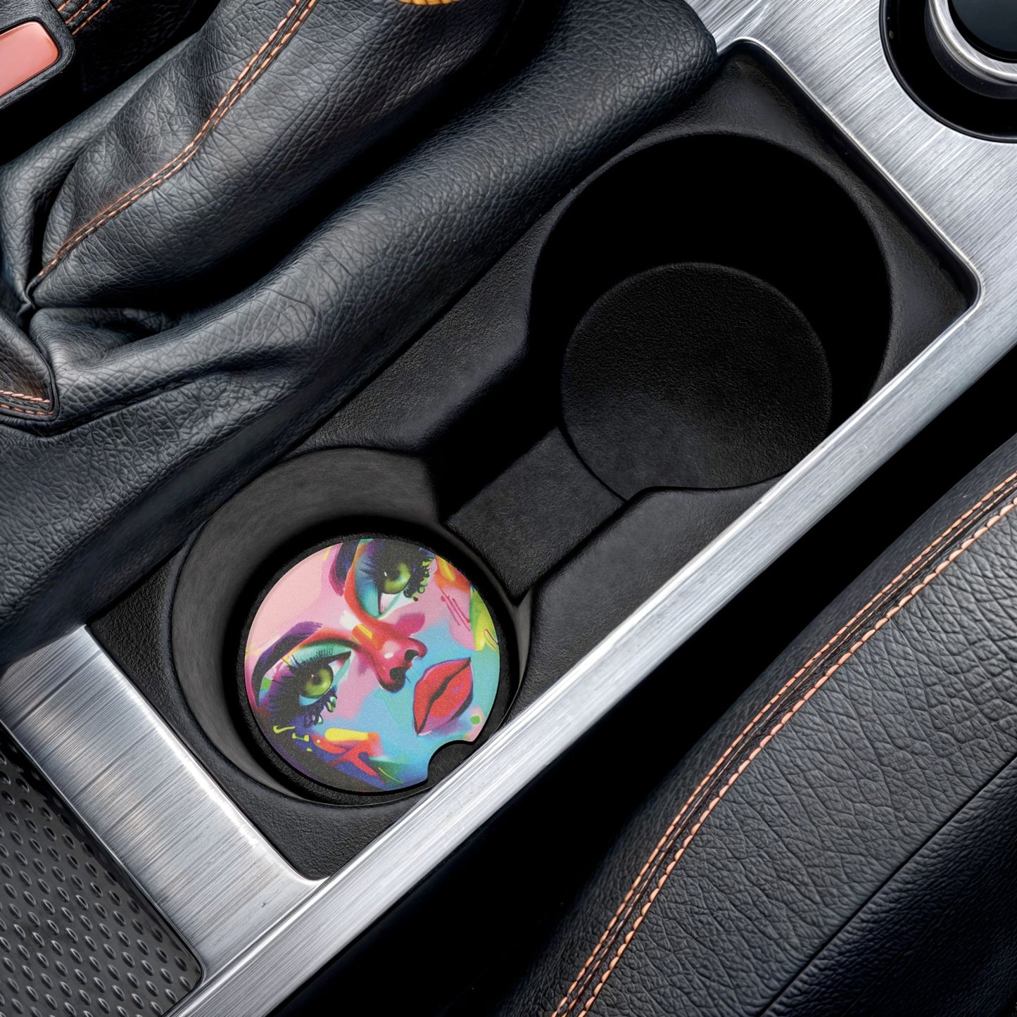 Colorful Abstract Face Soapstone Car Coaster — Vibrant Pop Art Cup Holder Insert