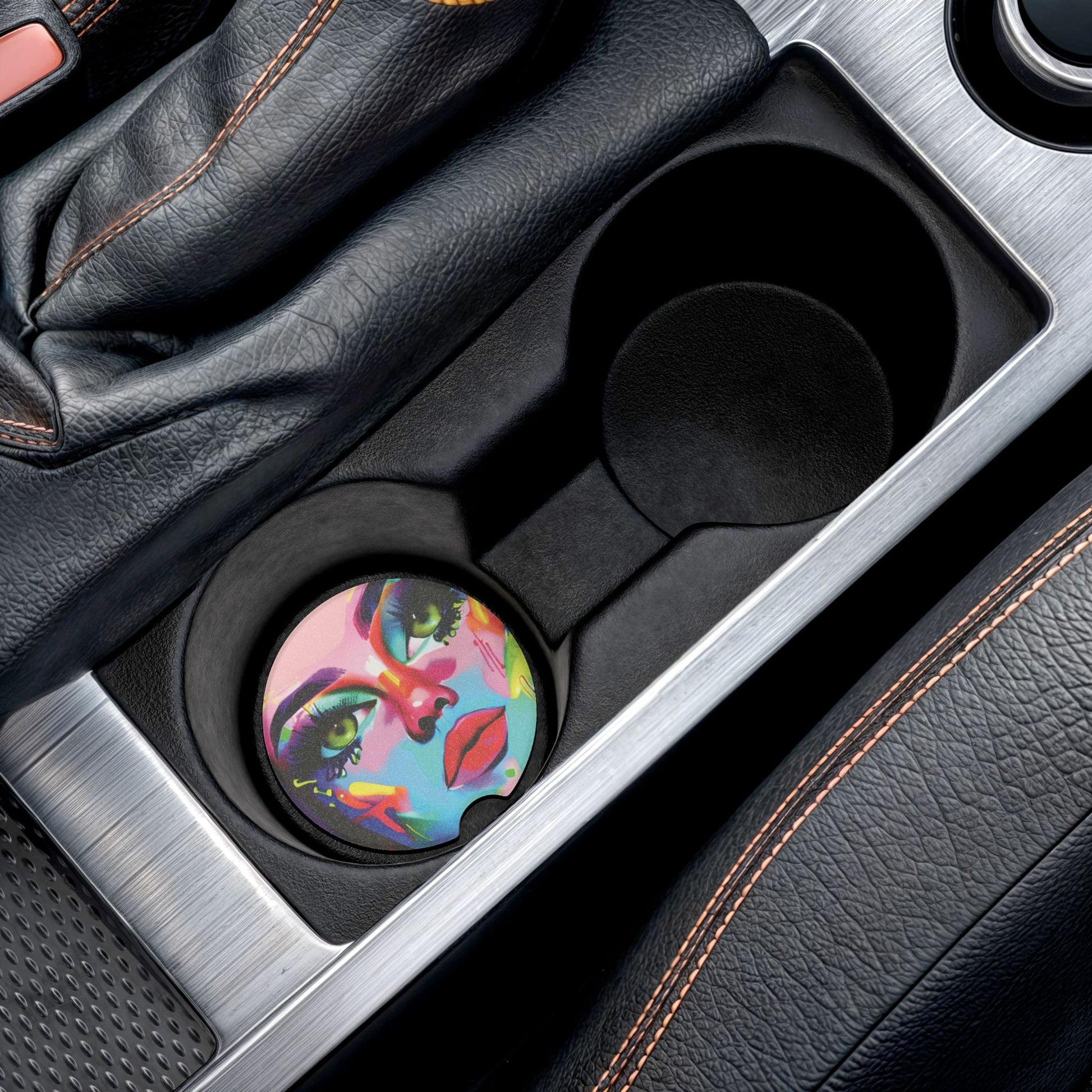 Colorful Abstract Face Soapstone Car Coaster — Vibrant Pop Art Cup Holder Insert