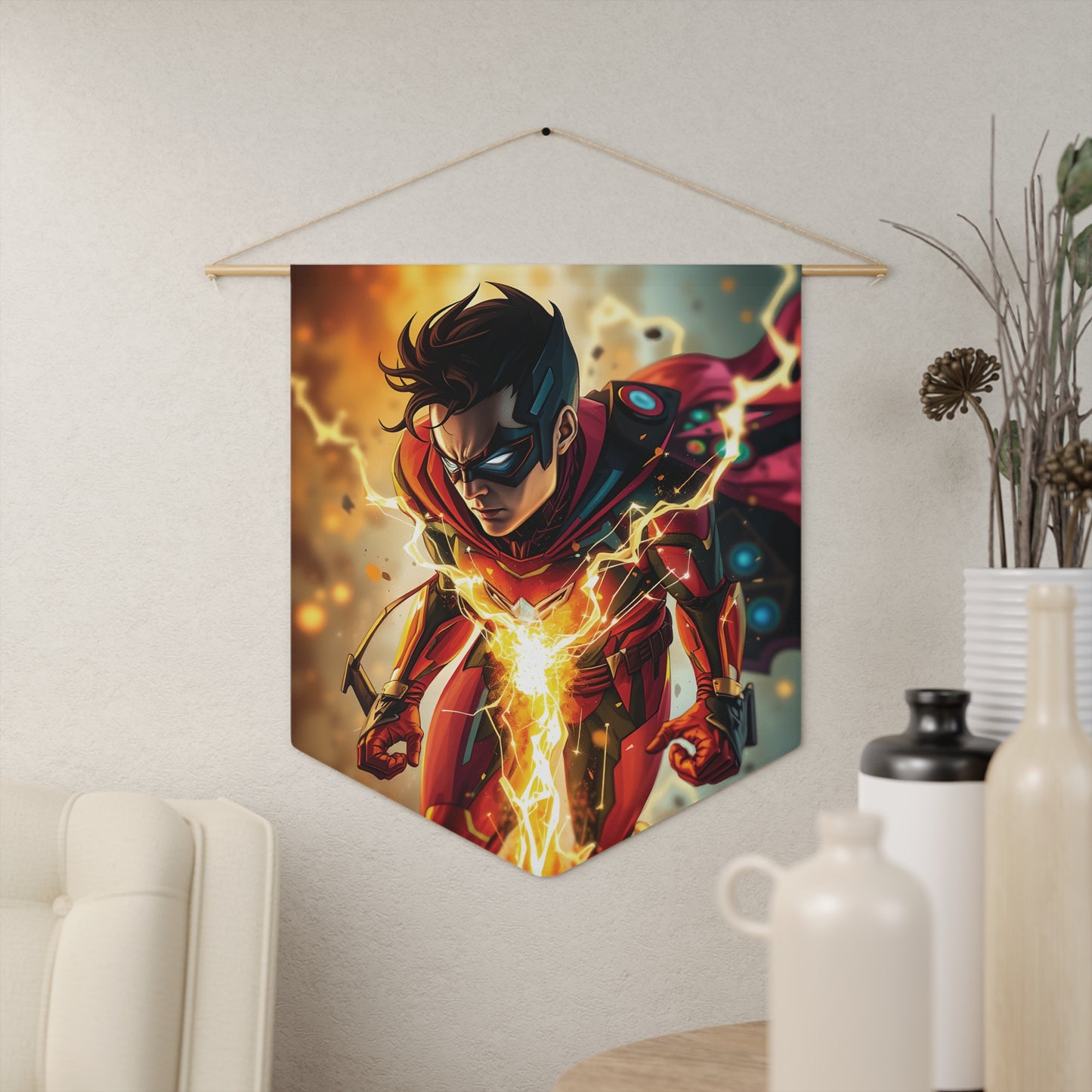 Superhero Lightning Pennant Wall Banner — Energetic Comic Art Decor for Fans