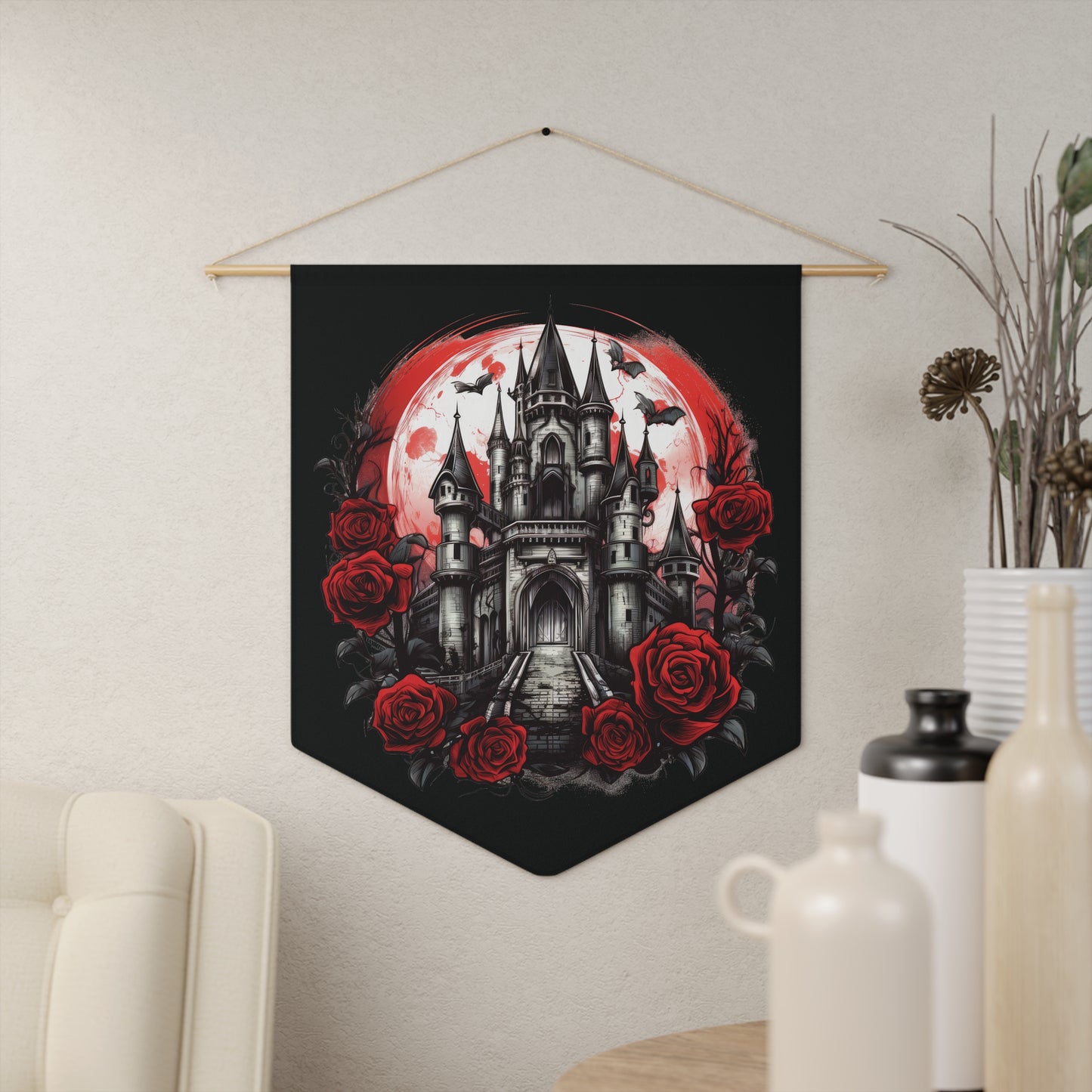 Gothic Castle Pennant — Vampire Moon & Red Roses Wall Flag