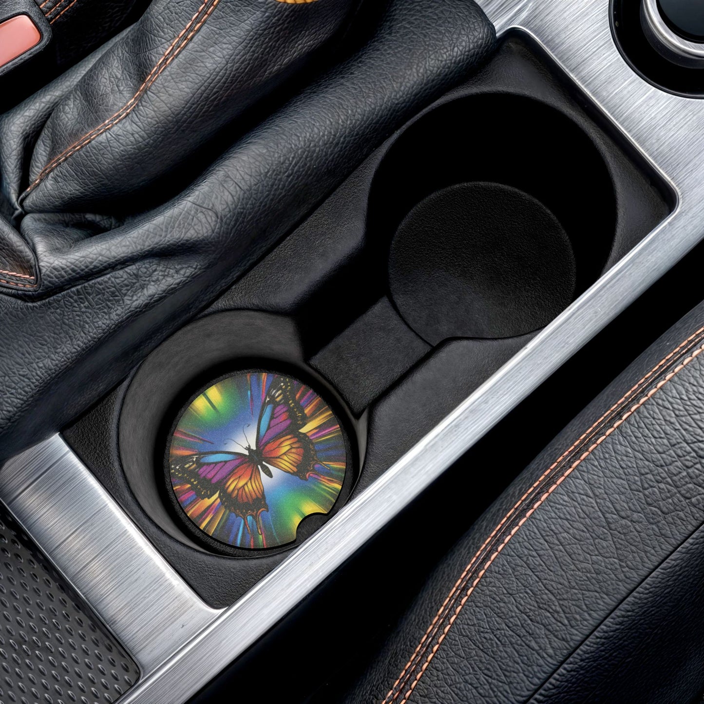 Butterfly Prism Soapstone Car Coaster — Colorful Mandala Auto Cup Holder Protector