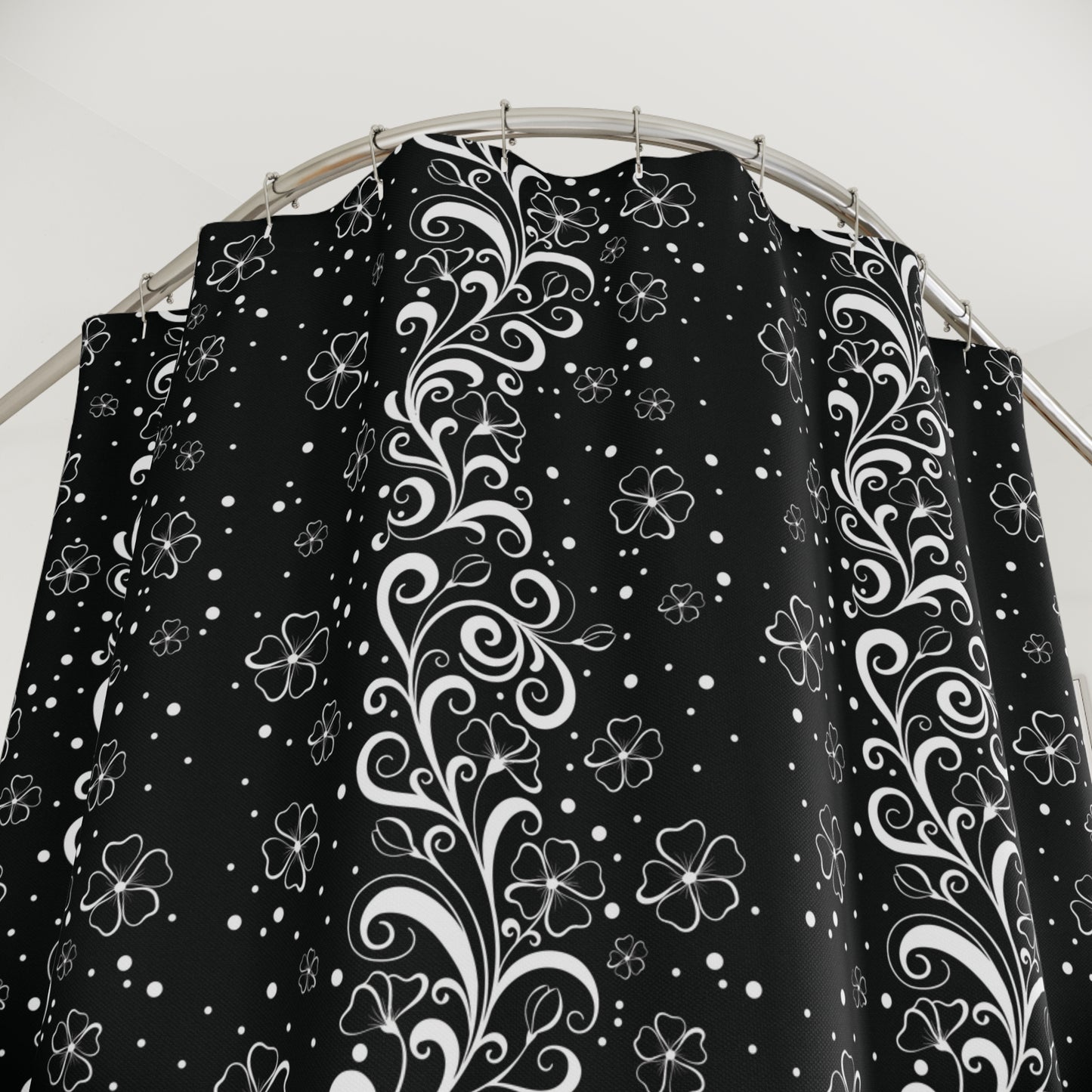 Floral Scroll Black Shower Curtain — Elegant White Vine Pattern for Modern Bathrooms
