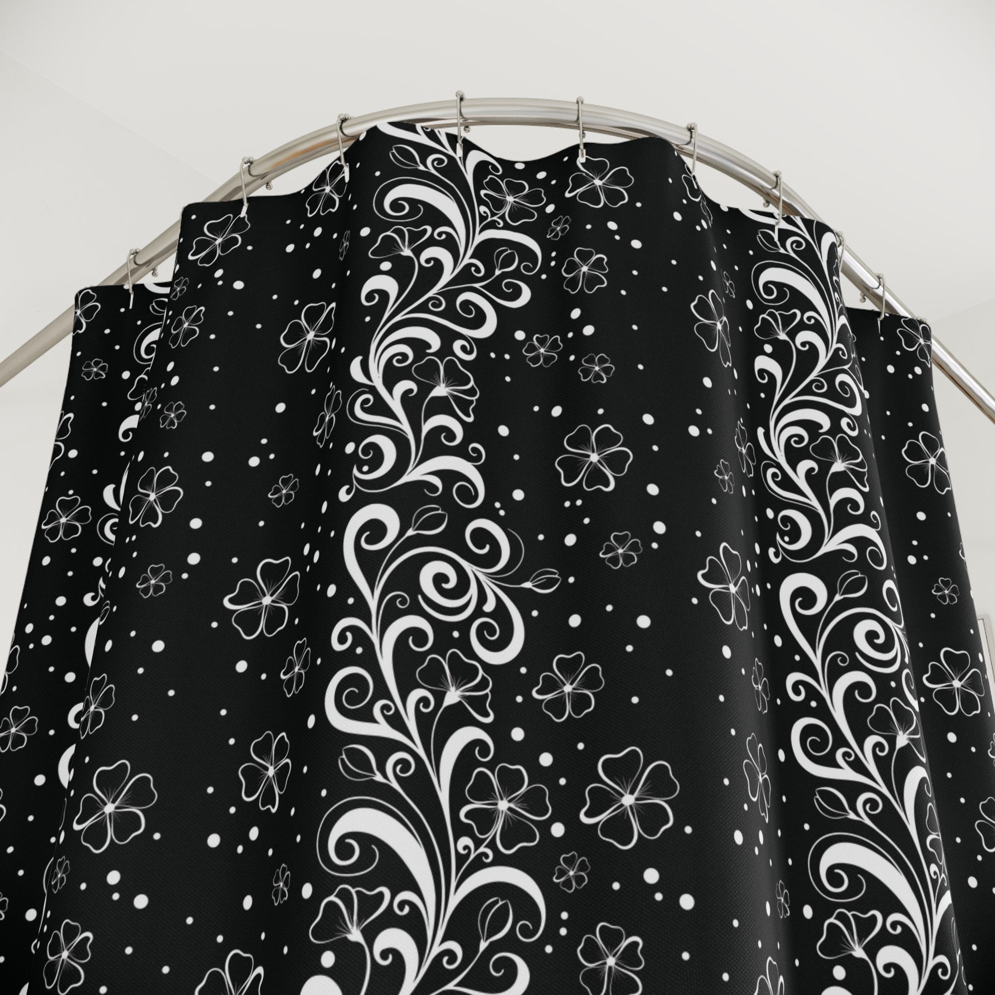 Floral Scroll Black Shower Curtain — Elegant White Vine Pattern for Modern Bathrooms