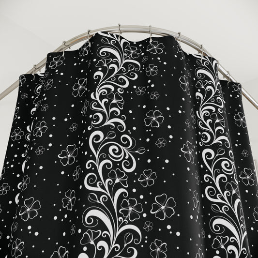 Floral Scroll Black Shower Curtain — Elegant White Vine Pattern for Modern Bathrooms