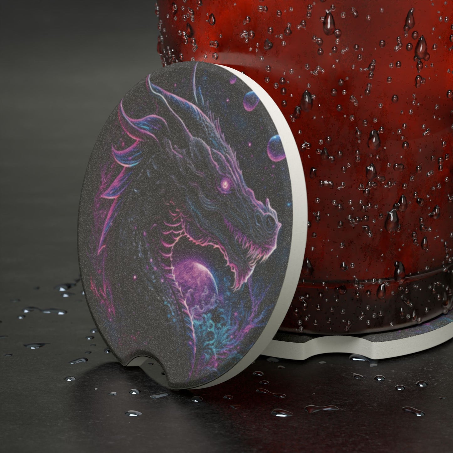 Dragon Galaxy Soapstone Car Coaster — Neon Cosmic Dragon Cup Holder Protector