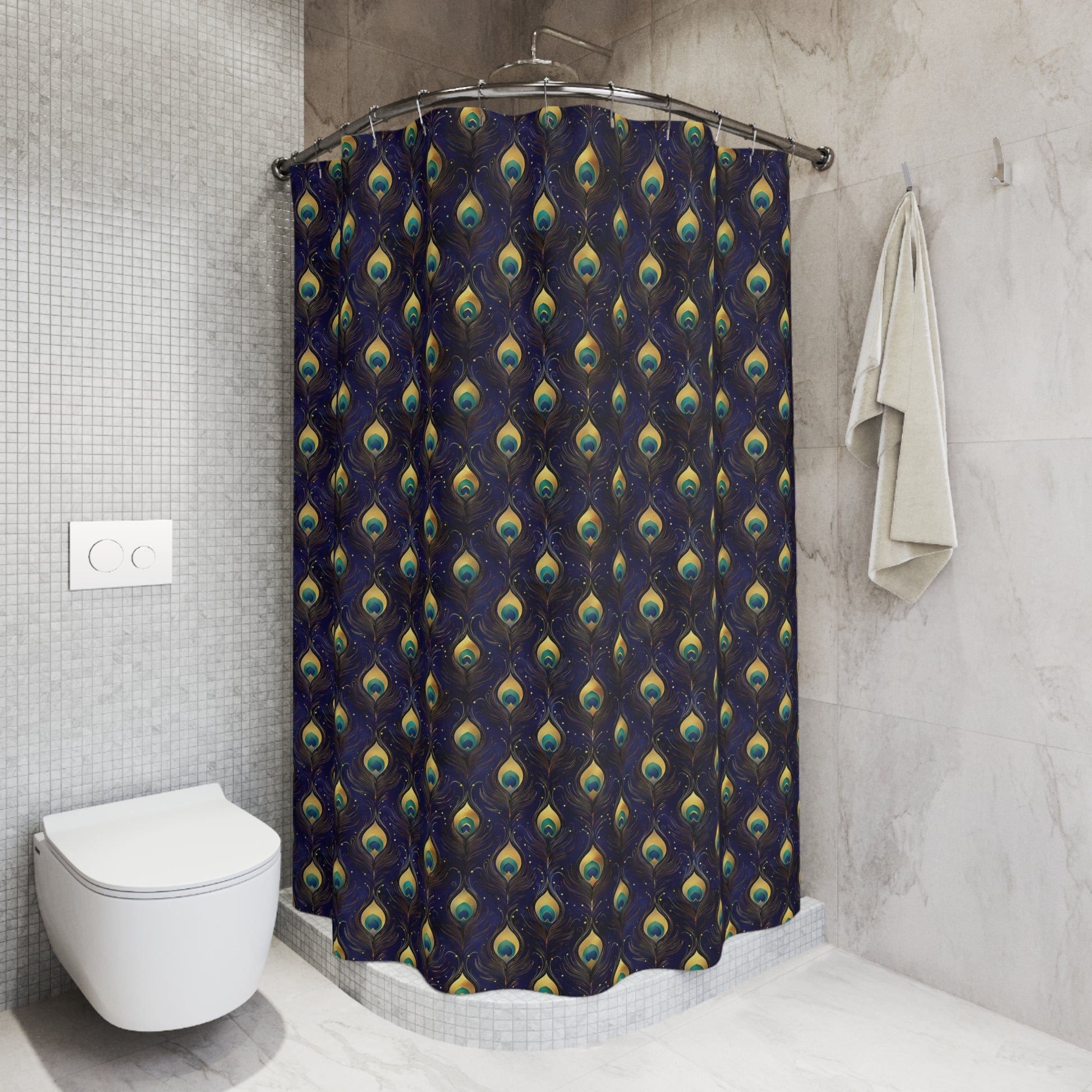 Peacock Feather Pattern Shower Curtain — Elegant Navy Bath Decor