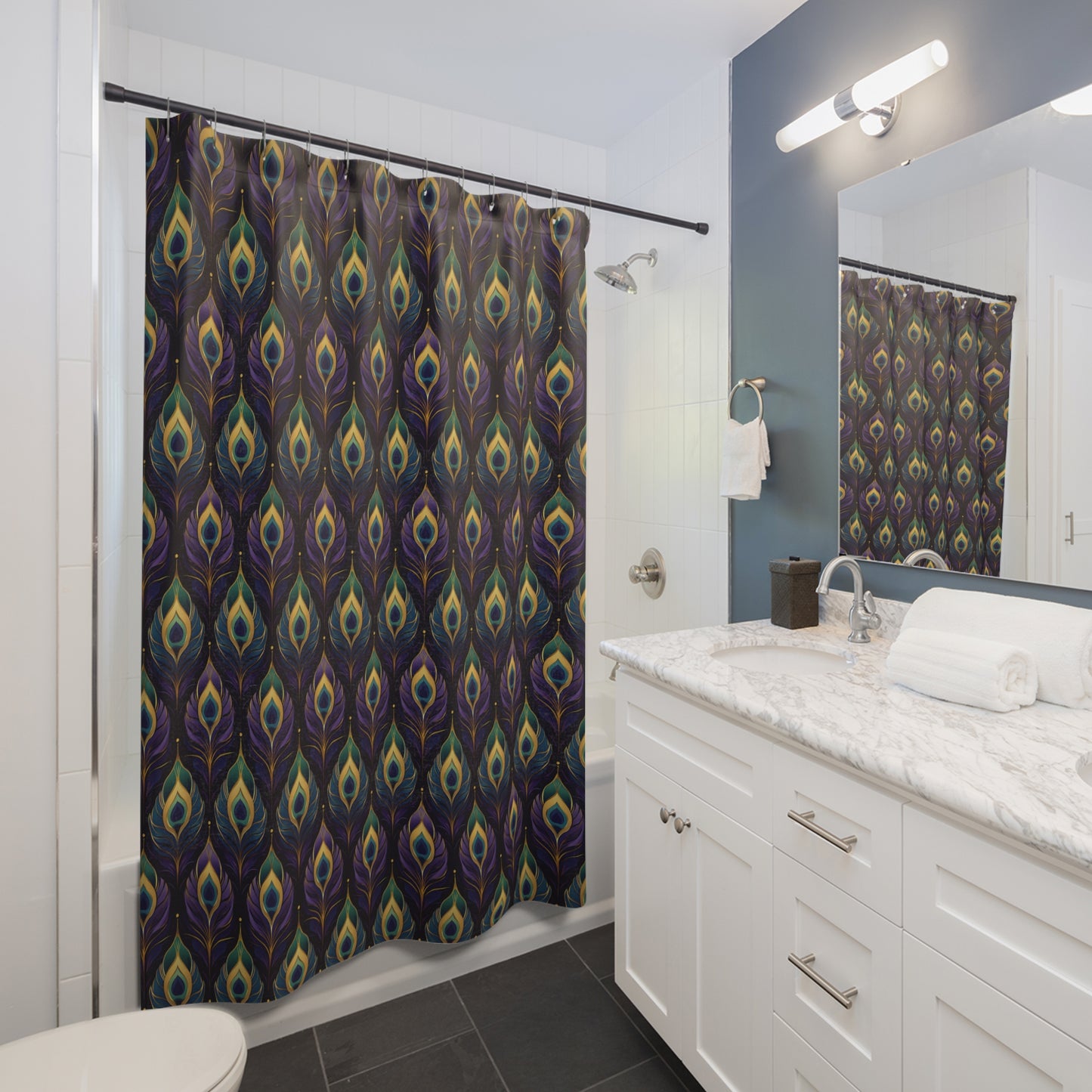 Peacock Feather Pattern Shower Curtain — Dark Teal & Gold Bathroom Decor