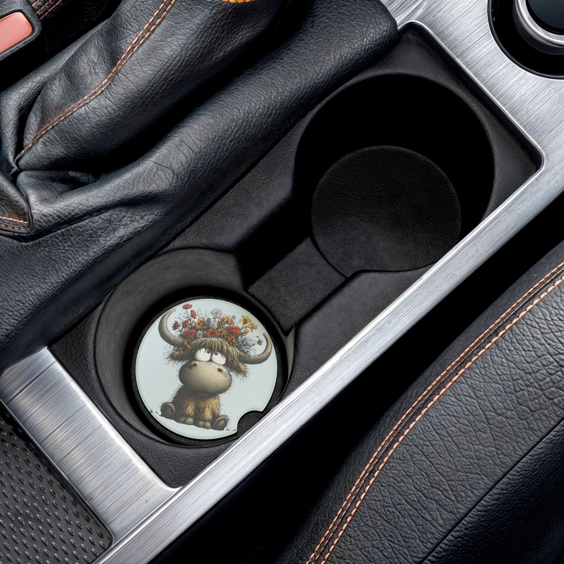 Cute Highland Cow Floral Soapstone Car Coaster