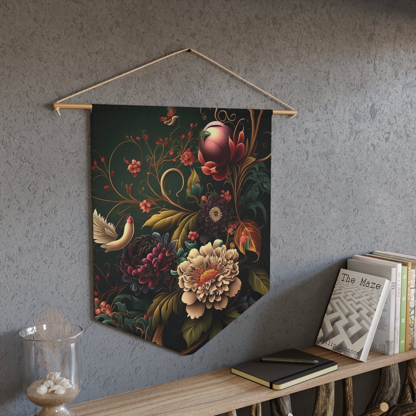 Vintage Floral Pennant Banner — Dark Botanical Tapestry Wall Hanging