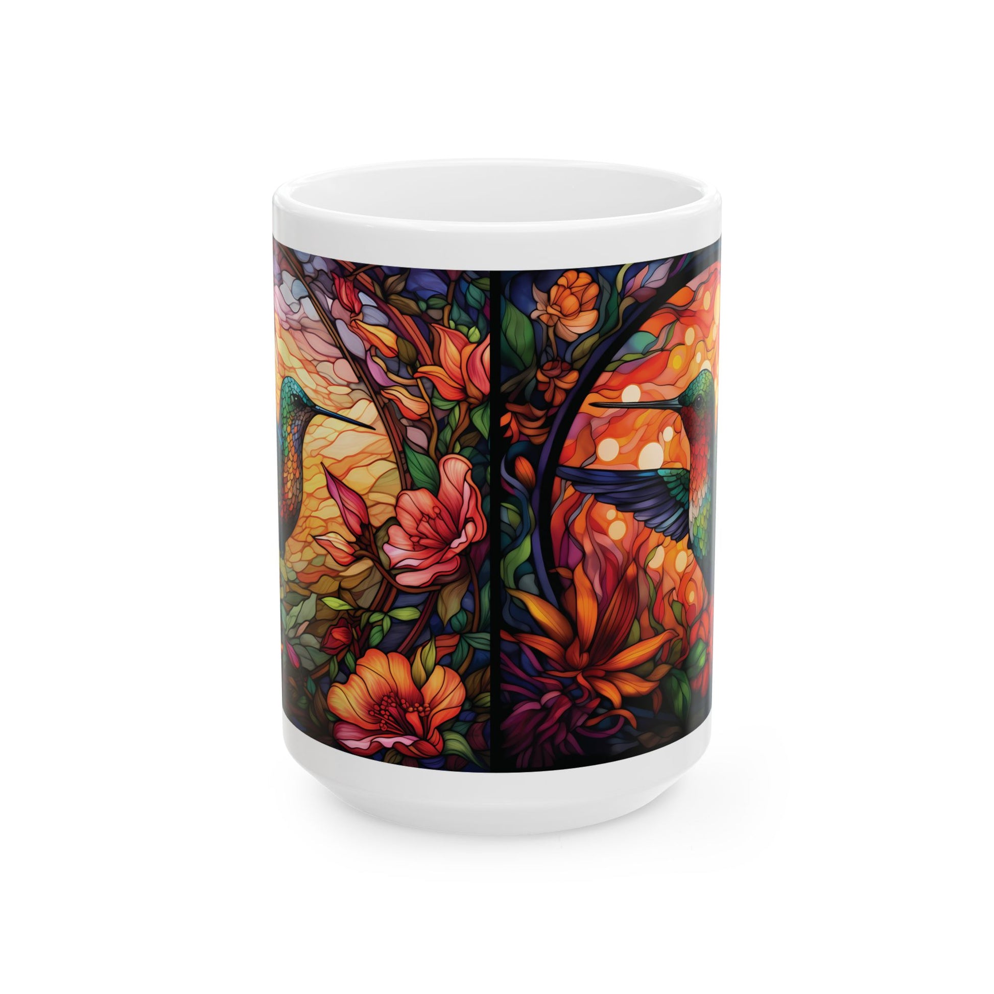 Floral Hummingbird Ceramic Mug — Vibrant Stained-Glass Nature Art (15oz)