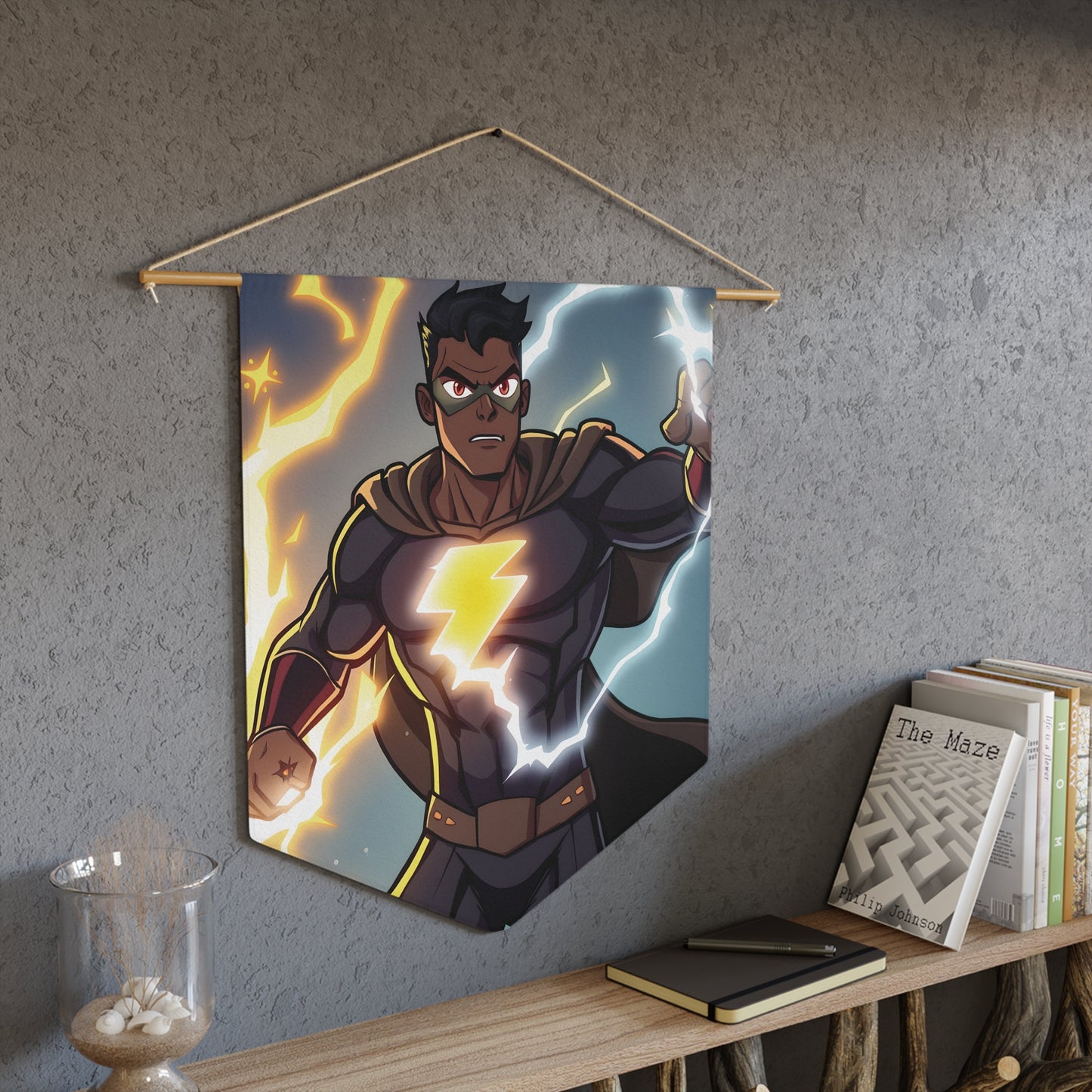 Lightning Hero Pennant — Superhero Wall Banner with Bolt Emblem