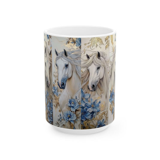 Horse Floral Ceramic Mug — Elegant White Horse Coffee Cup (15oz)